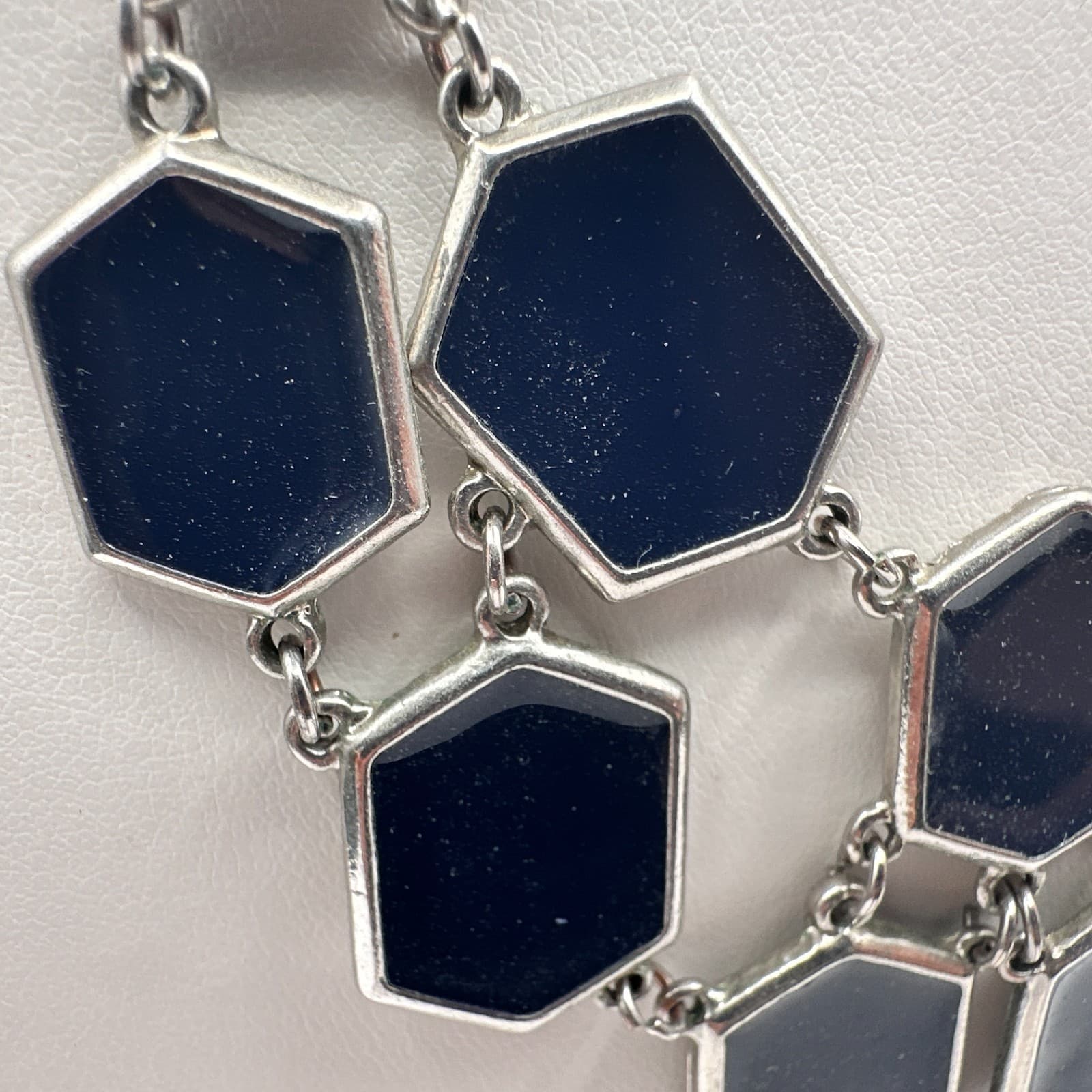 Vintage 90s Geometric Navy Blue Enamel Bib Necklace Silver Tone Hexagon Jewelry - Thumbnail 3