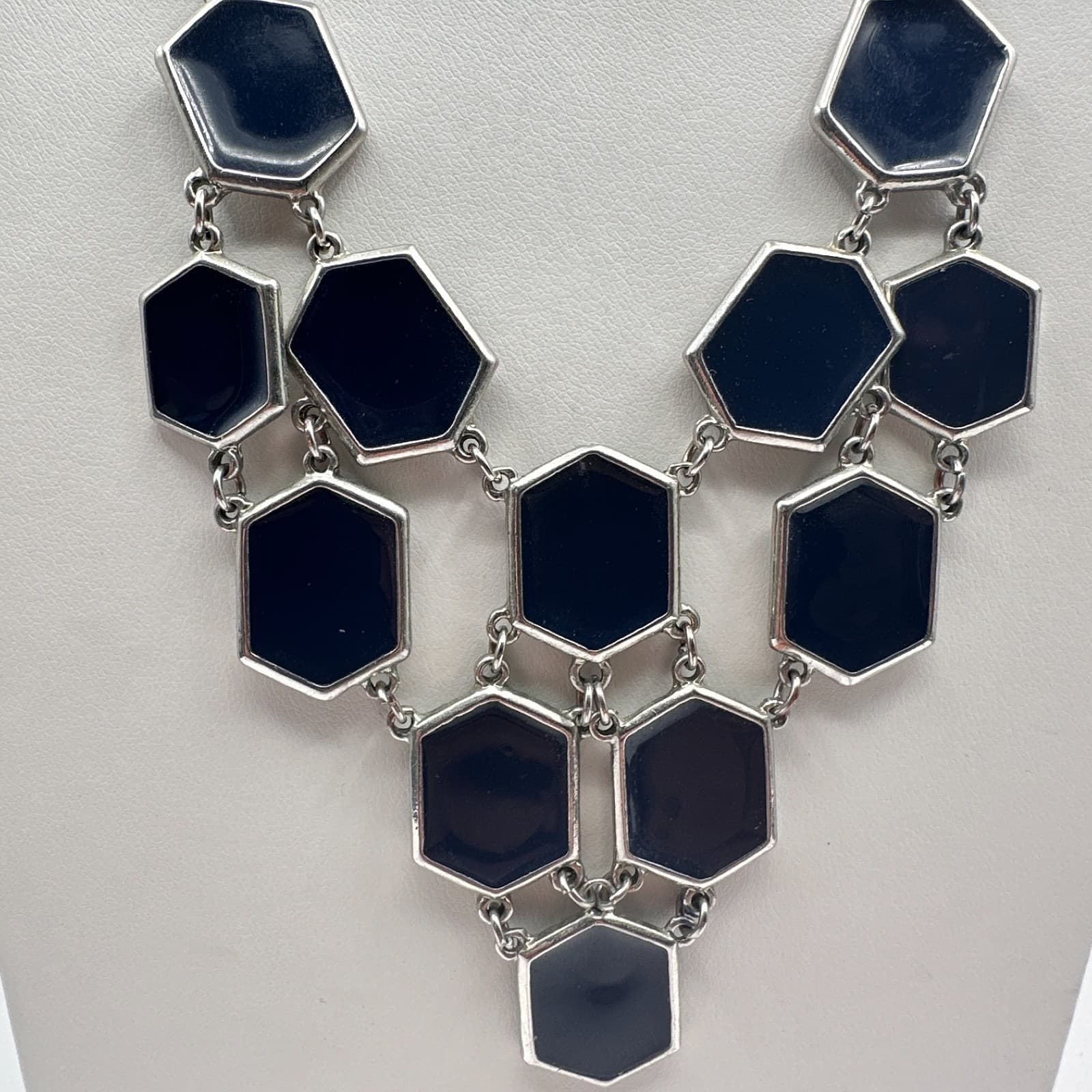 Vintage 90s Geometric Navy Blue Enamel Bib Necklace Silver Tone Hexagon Jewelry - Thumbnail 6