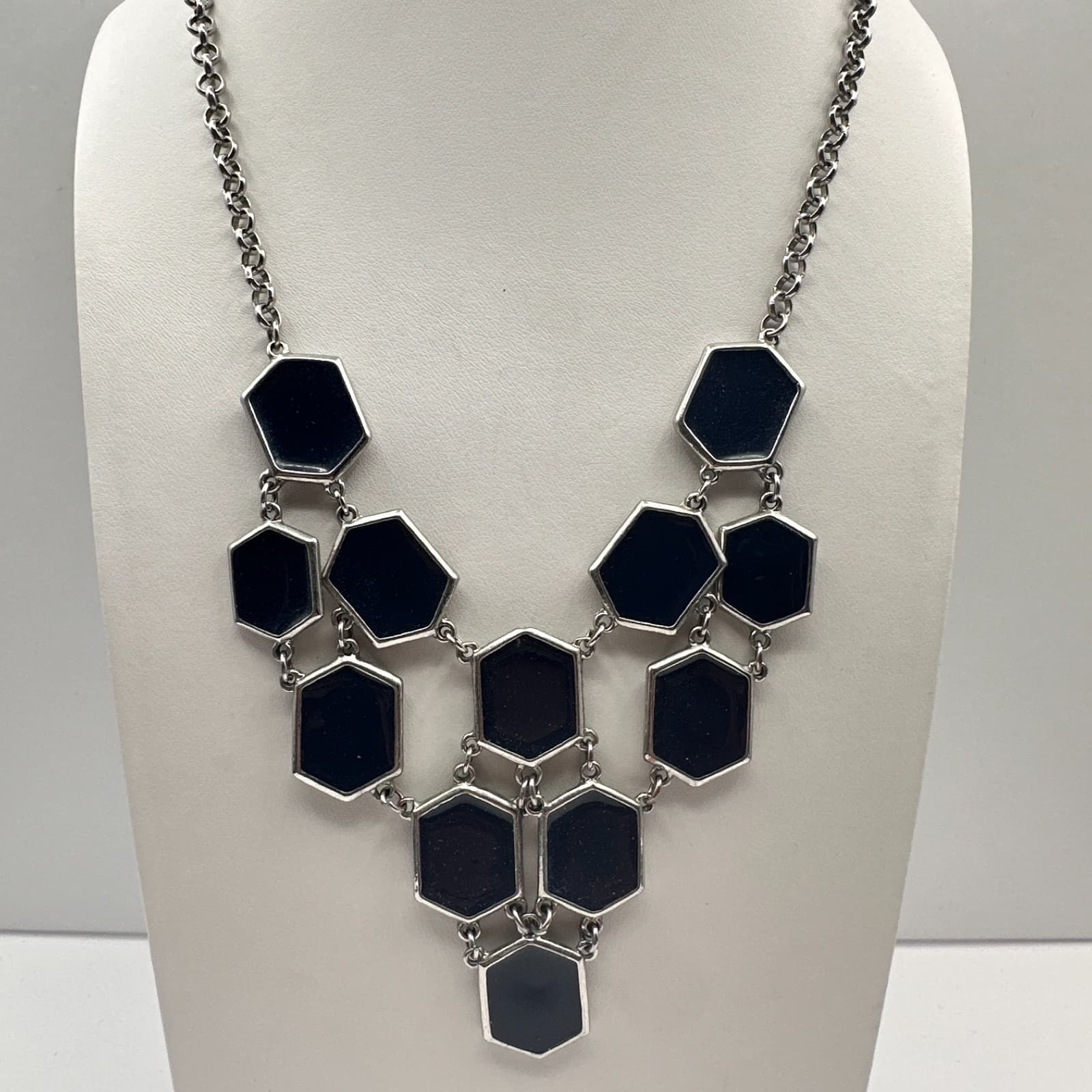 Vintage 90s Geometric Navy Blue Enamel Bib Necklace Silver Tone Hexagon Jewelry - Image 1