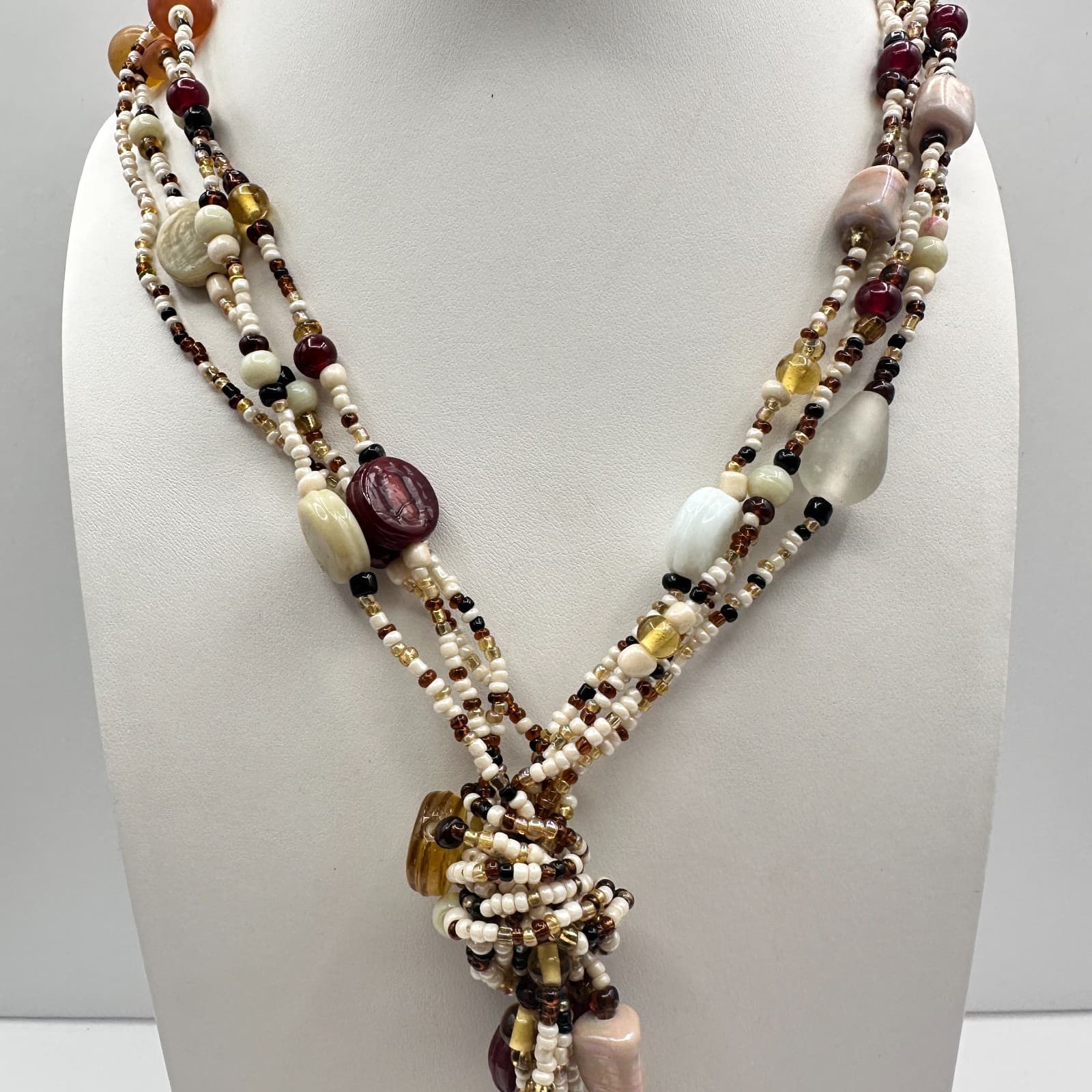 Vintage 90s Multi-Strand Beaded Dangling Tassels Necklace Boho Women's Jewelry - Thumbnail 2