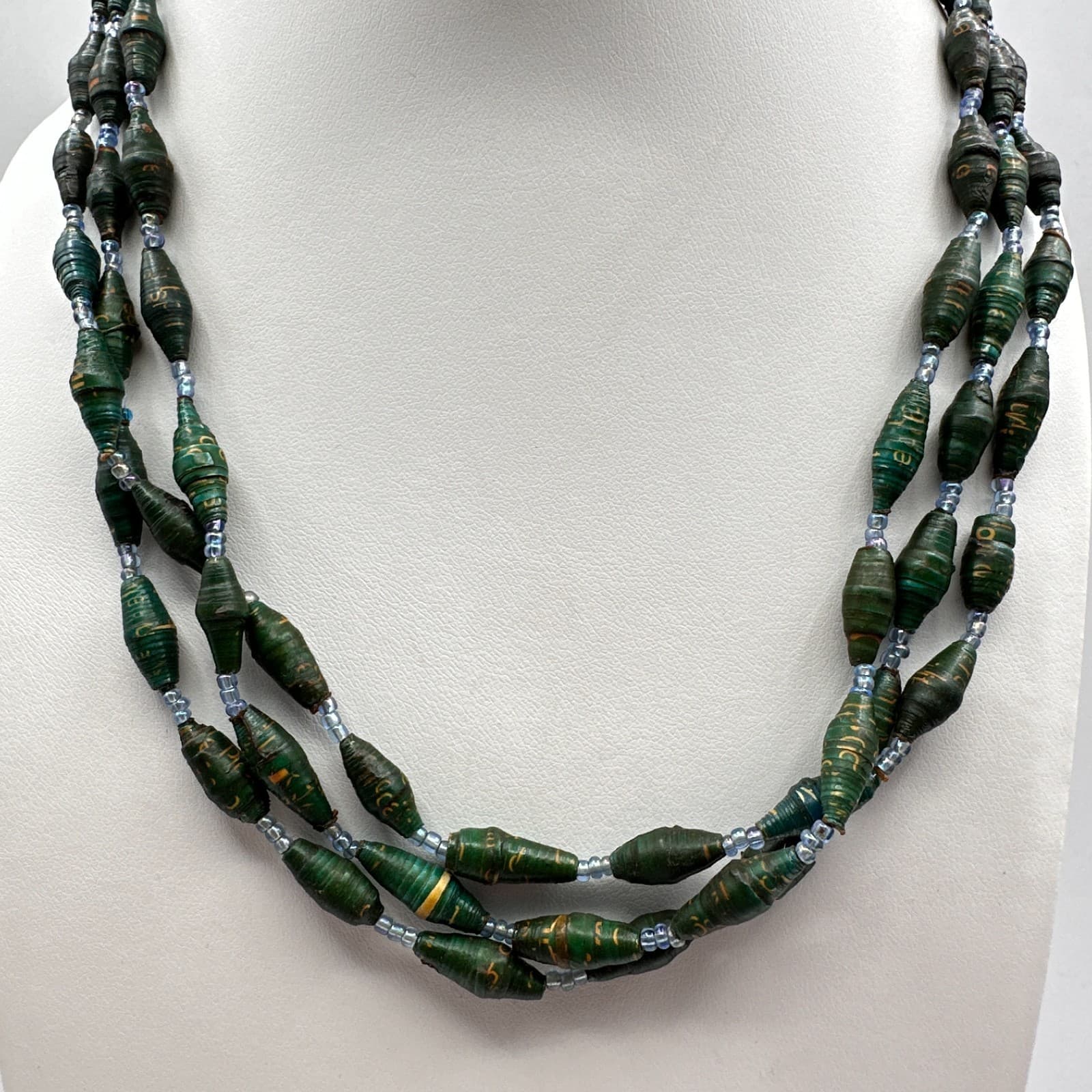 Vintage 90s Boho Multi-Strand Paper Bead Necklace Green Blue Statement Jewelry - Image 1