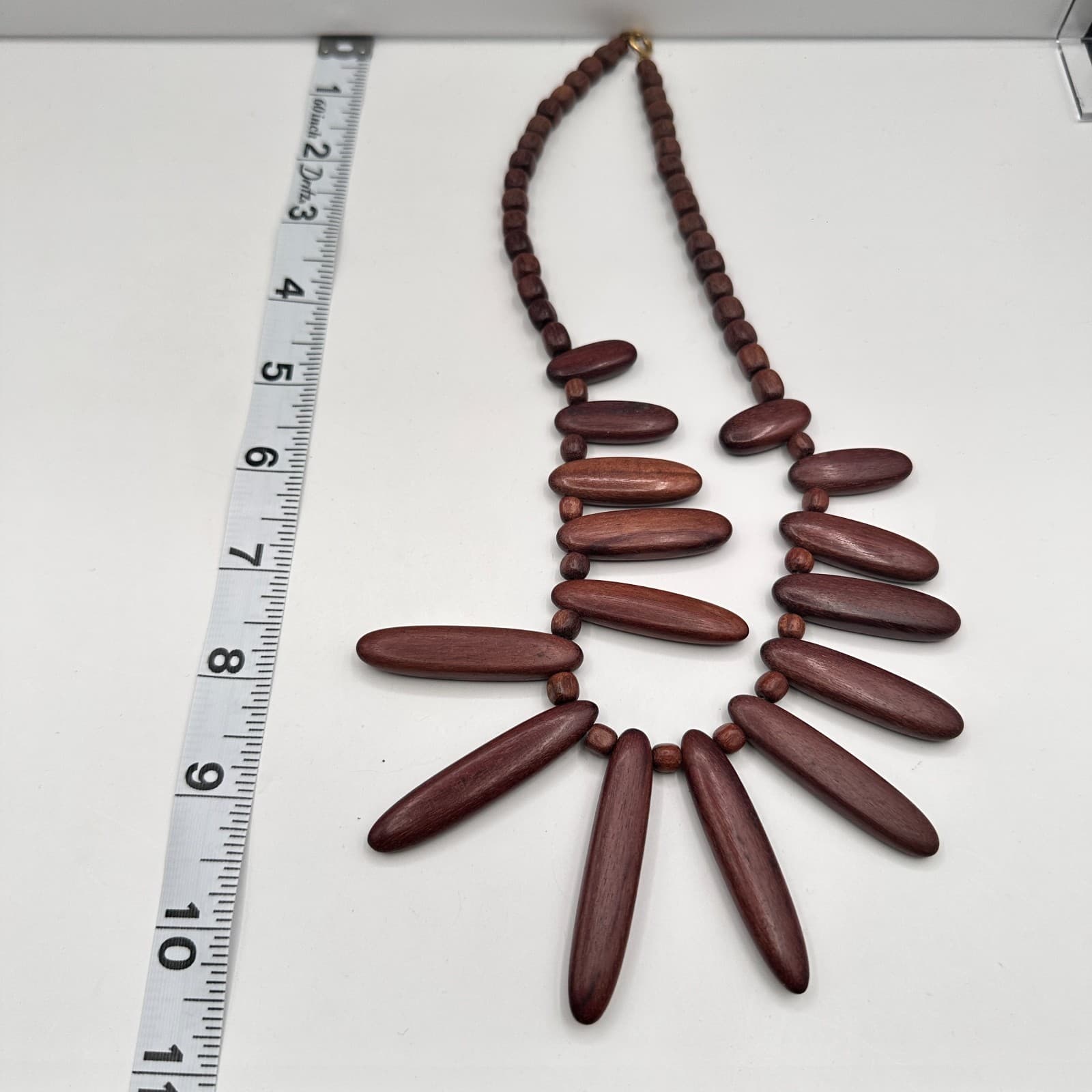 Vintage 90s Wood Spike Necklace Brown Beaded Boho Tribal Fringe Necklace Jewelry - Thumbnail 9