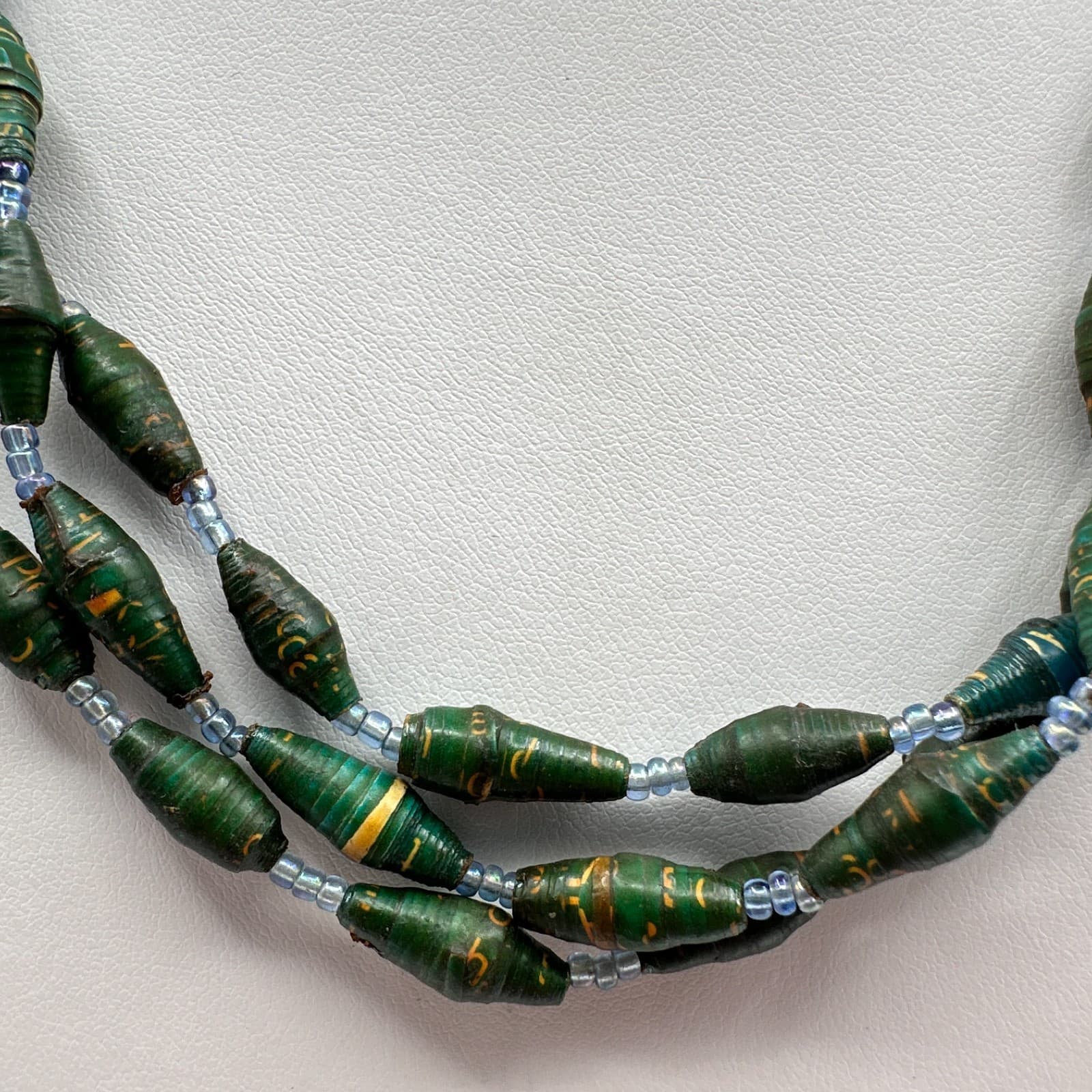 Vintage 90s Boho Multi-Strand Paper Bead Necklace Green Blue Statement Jewelry - Thumbnail 2