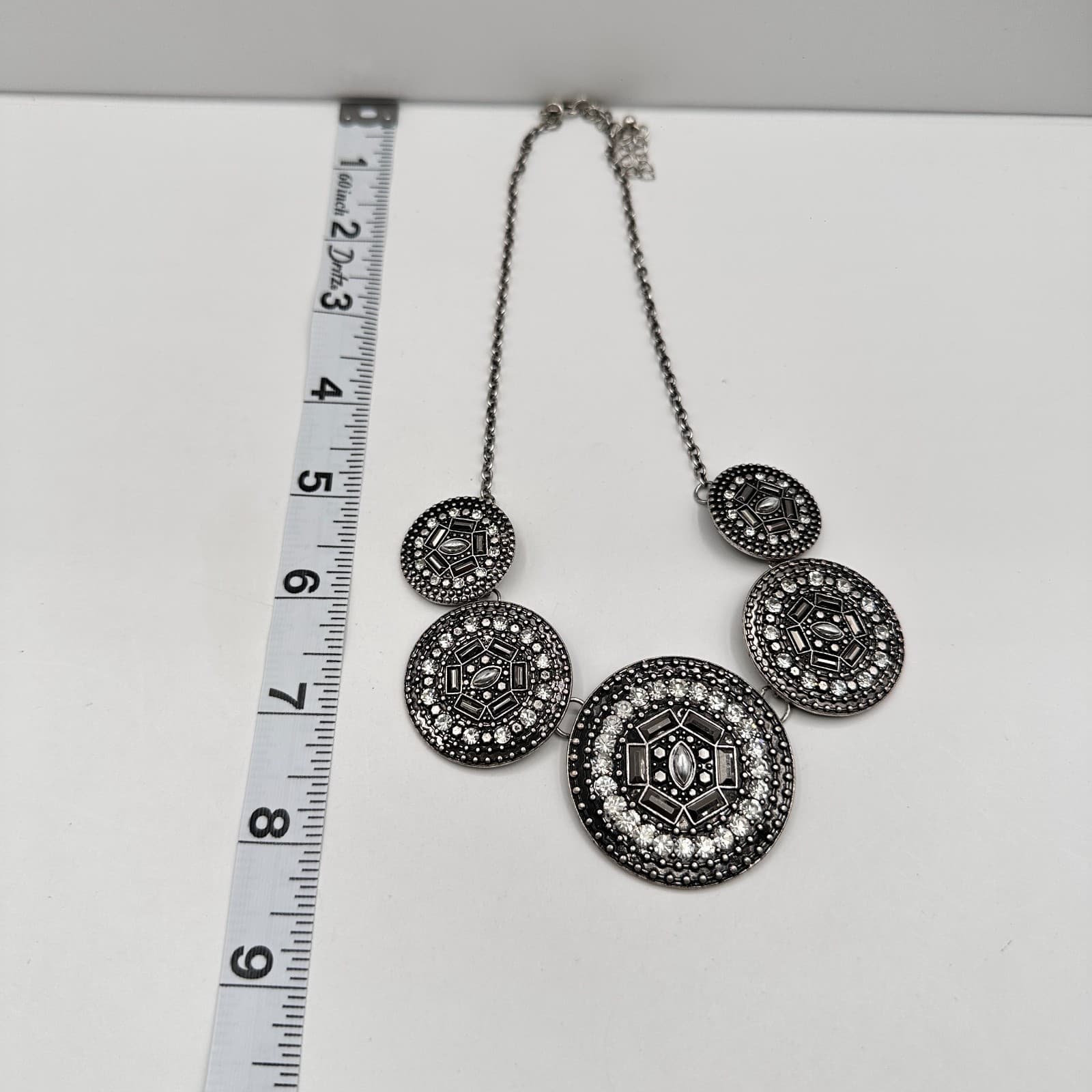 Vintage Y2K Silver Tone Geometric Medallion Statement Necklace Rhinestone Boho - Thumbnail 10
