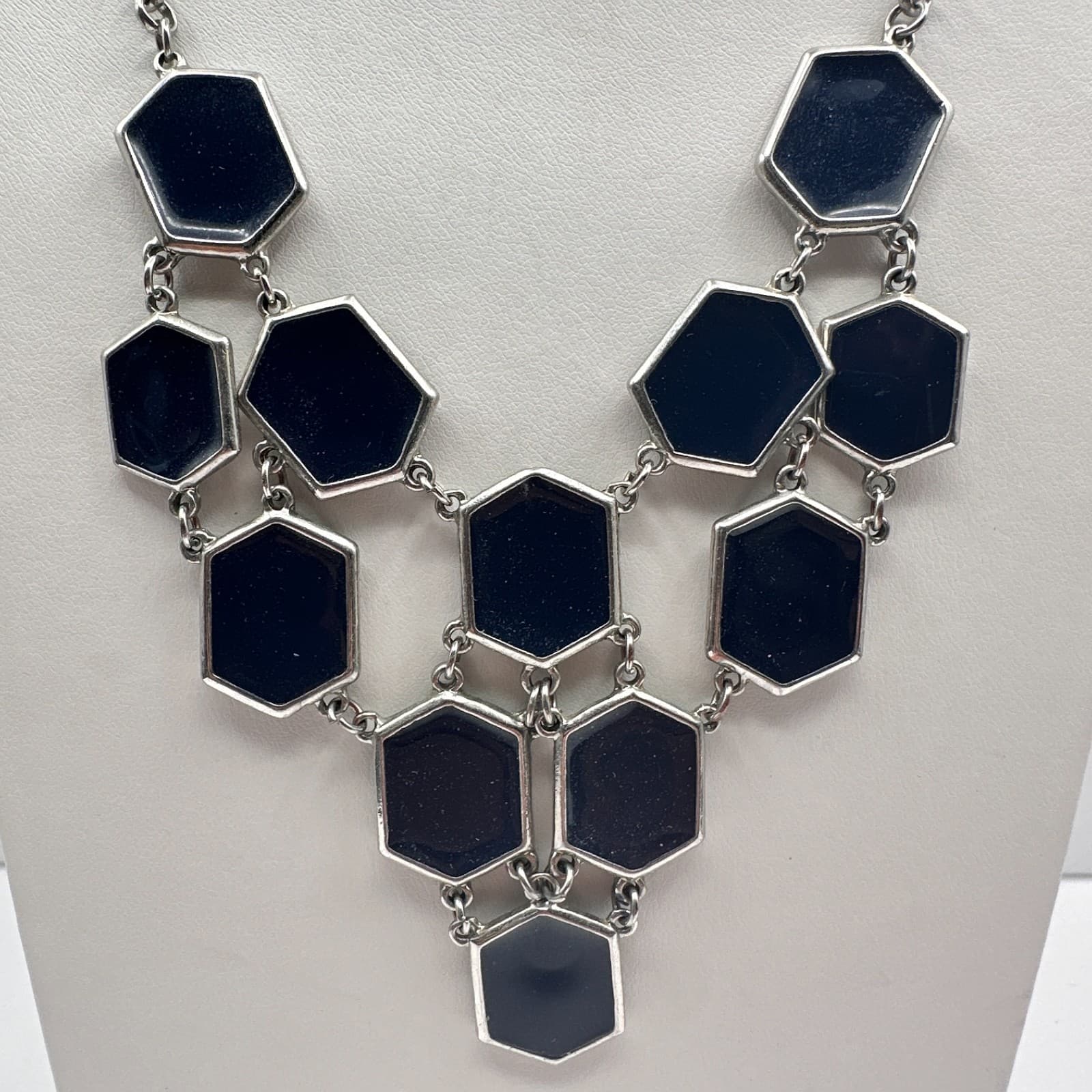 Vintage 90s Geometric Navy Blue Enamel Bib Necklace Silver Tone Hexagon Jewelry - Thumbnail 2