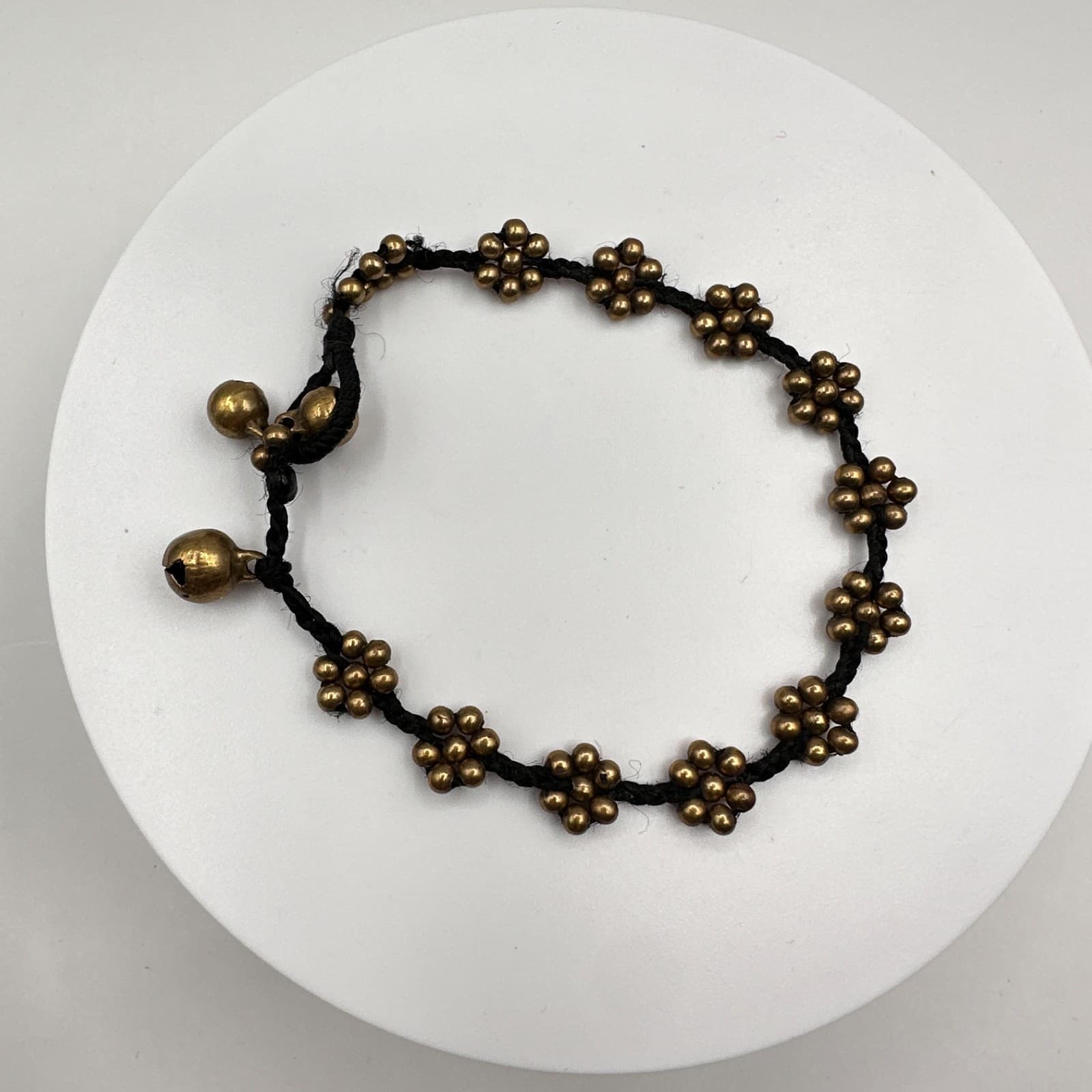 Vintage 90s Brass Flower Bead Bracelet Anklet Black Cord Boho Ghungroo Bell - Image 1