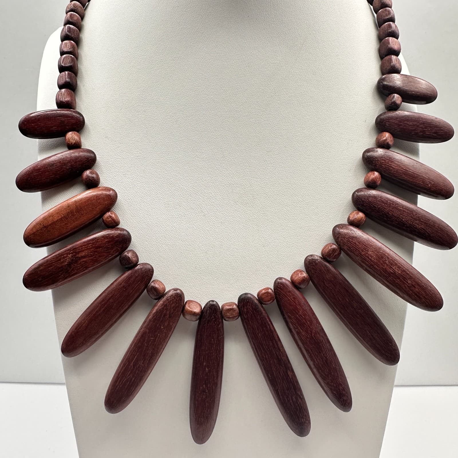 Vintage 90s Wood Spike Necklace Brown Beaded Boho Tribal Fringe Necklace Jewelry - Thumbnail 2