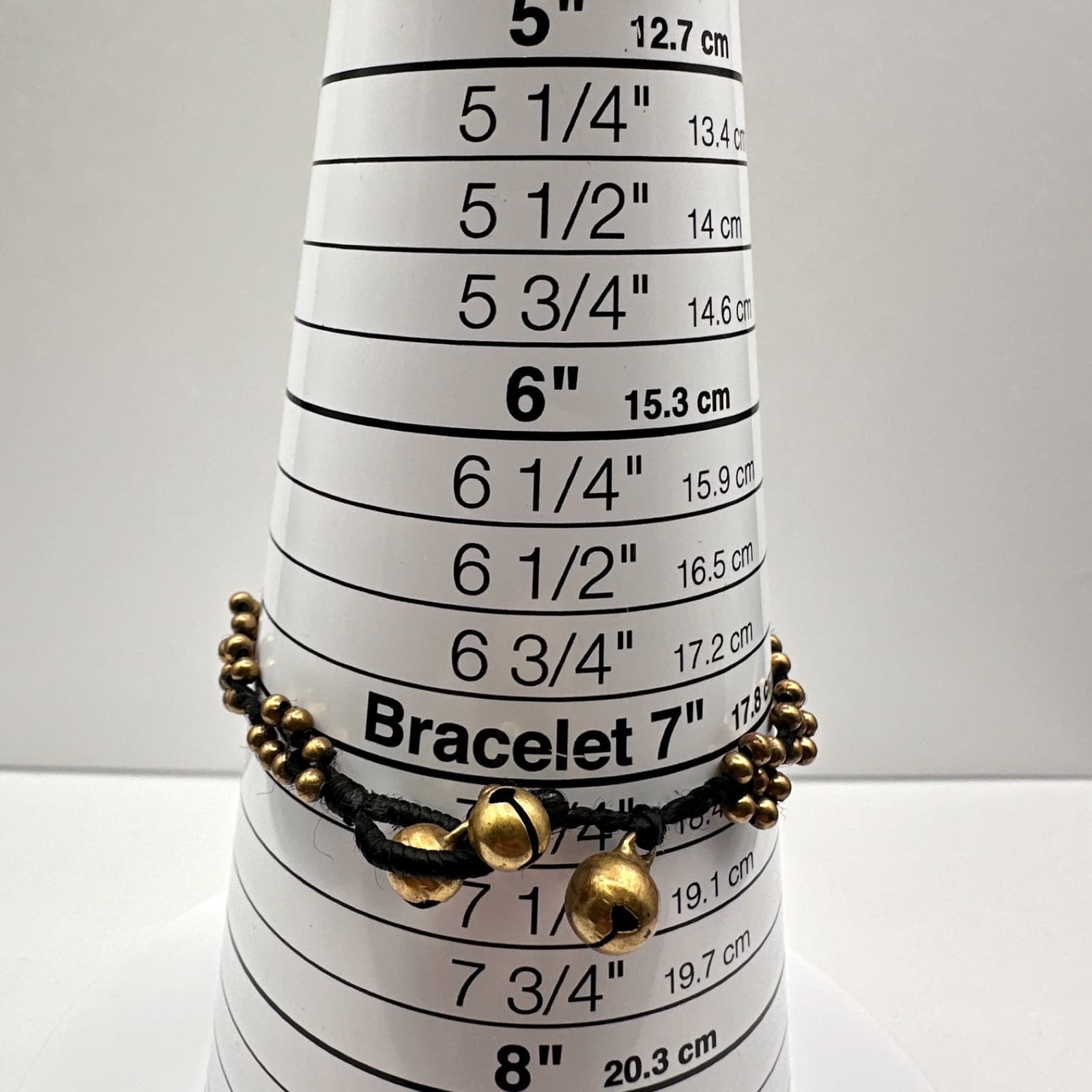 Vintage 90s Brass Flower Bead Bracelet Anklet Black Cord Boho Ghungroo Bell - Thumbnail 9