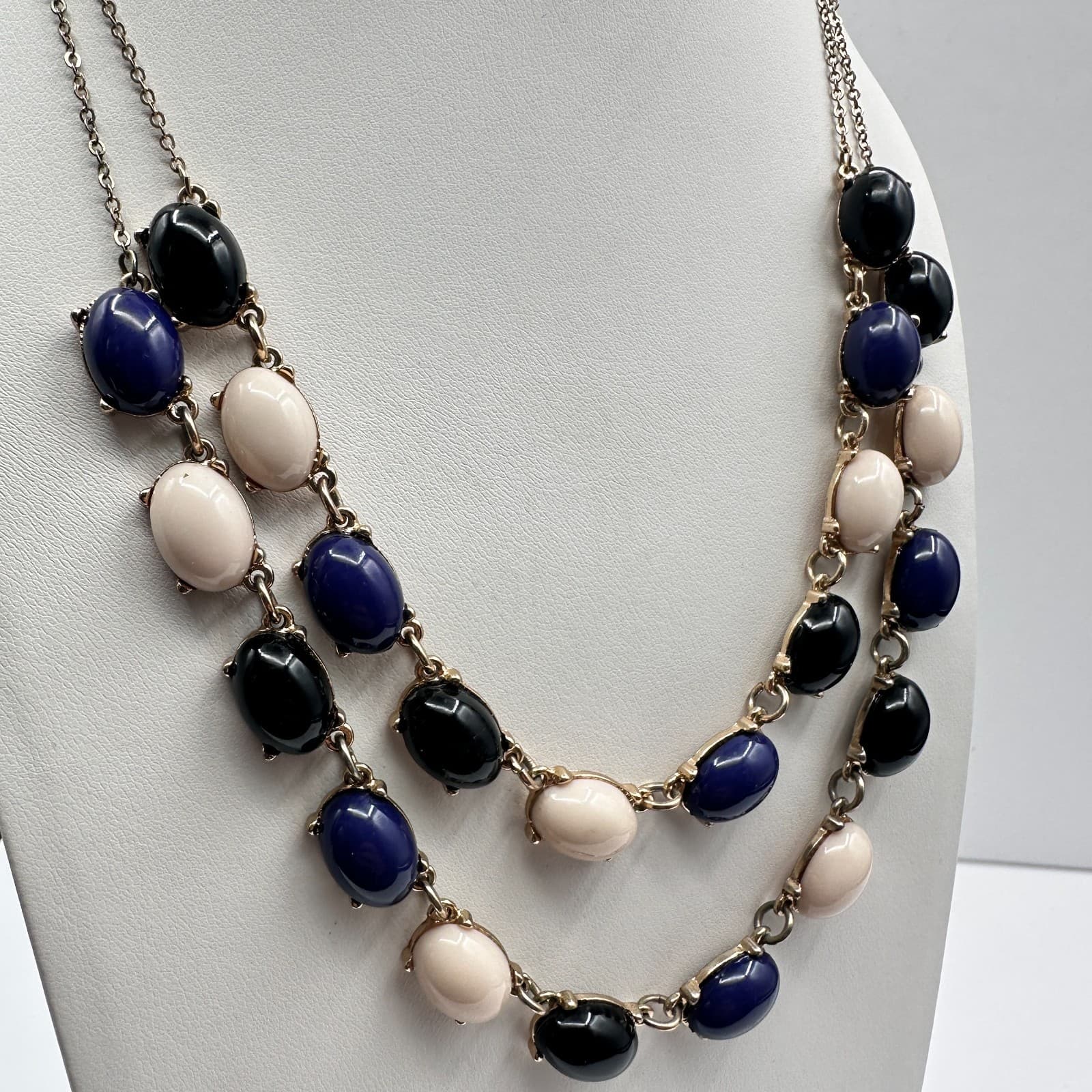 Vintage 90s Double Stand Gold Tone Cabochon Stone Necklace Retro Women's Jewelry - Thumbnail 4