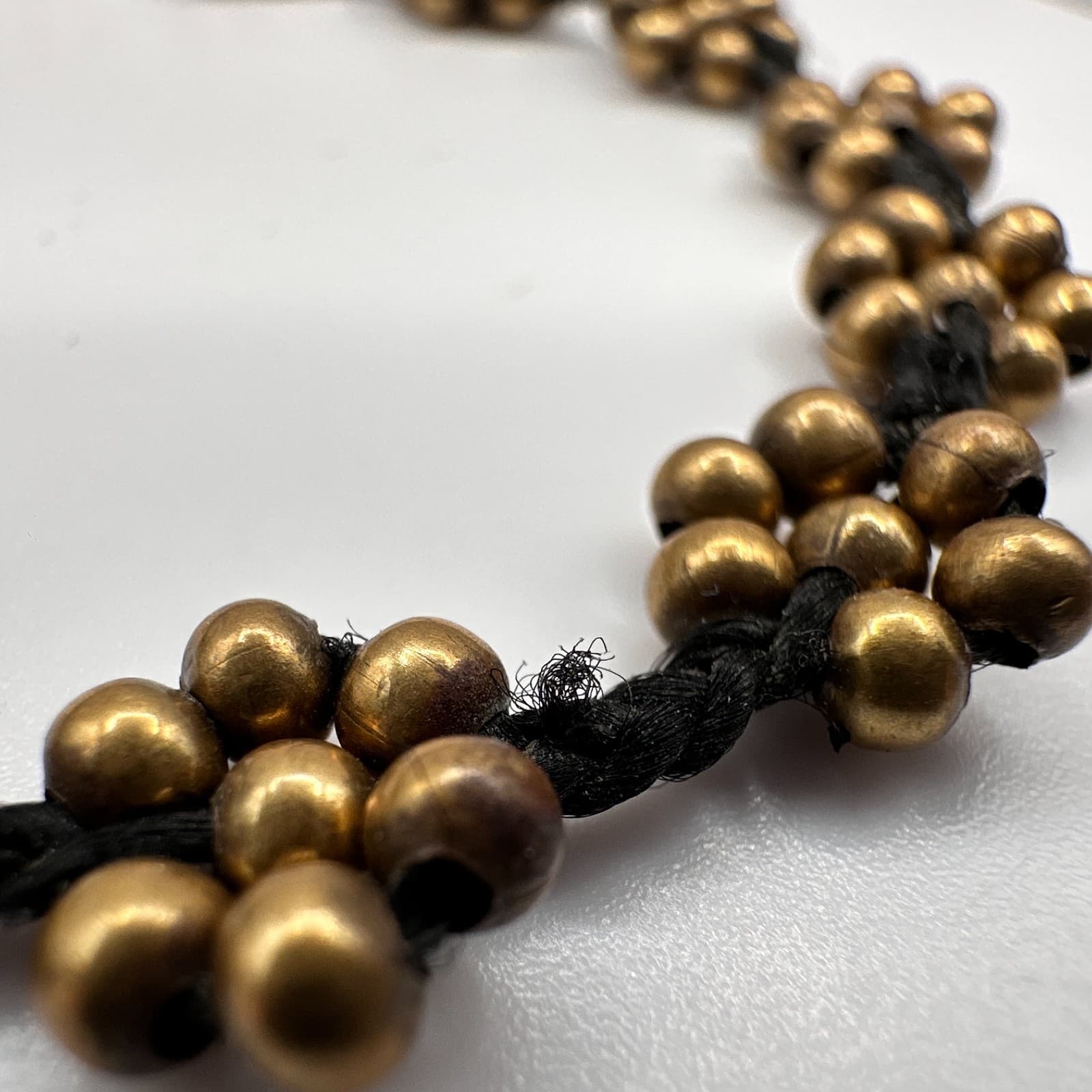 Vintage 90s Brass Flower Bead Bracelet Anklet Black Cord Boho Ghungroo Bell - Thumbnail 6