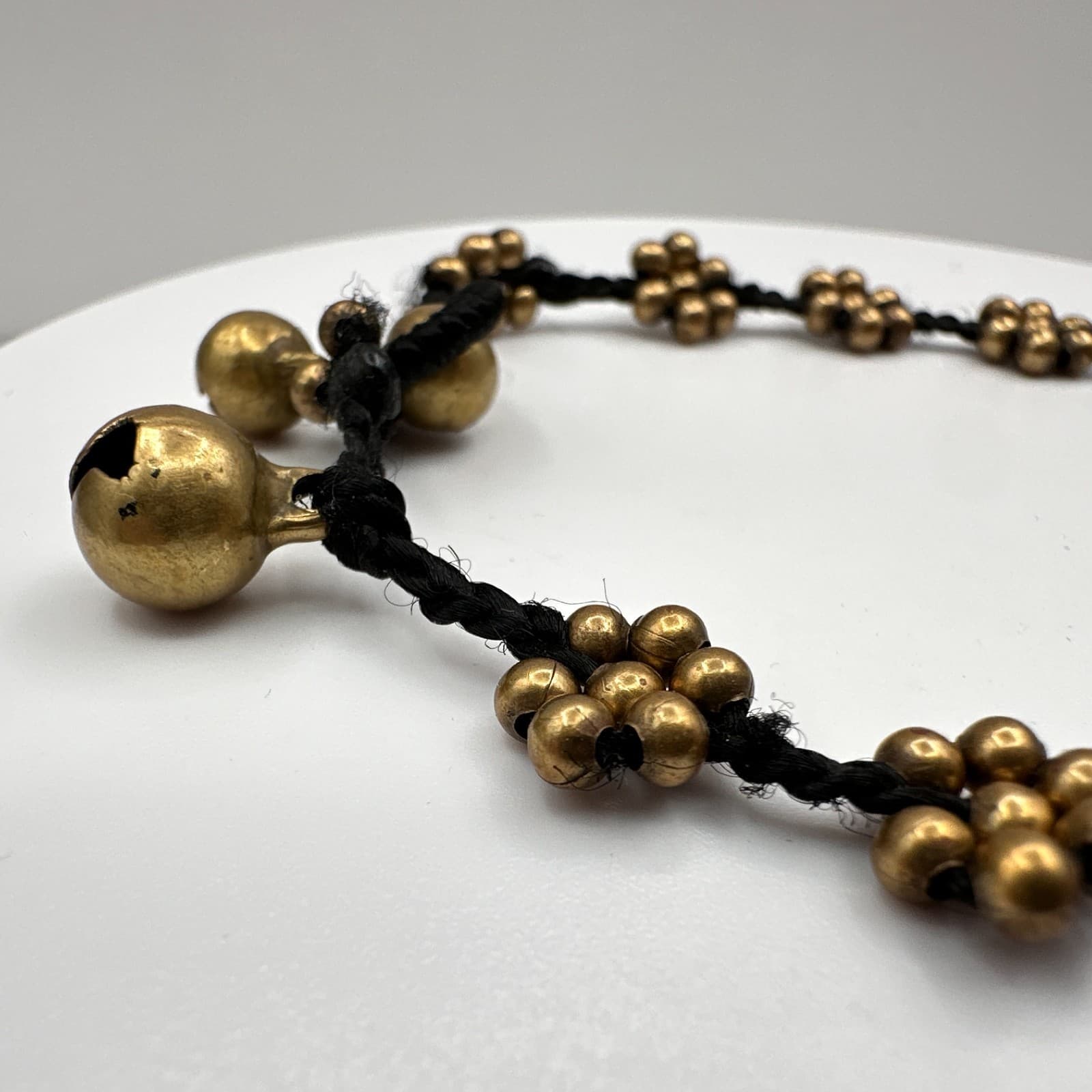 Vintage 90s Brass Flower Bead Bracelet Anklet Black Cord Boho Ghungroo Bell - Thumbnail 3