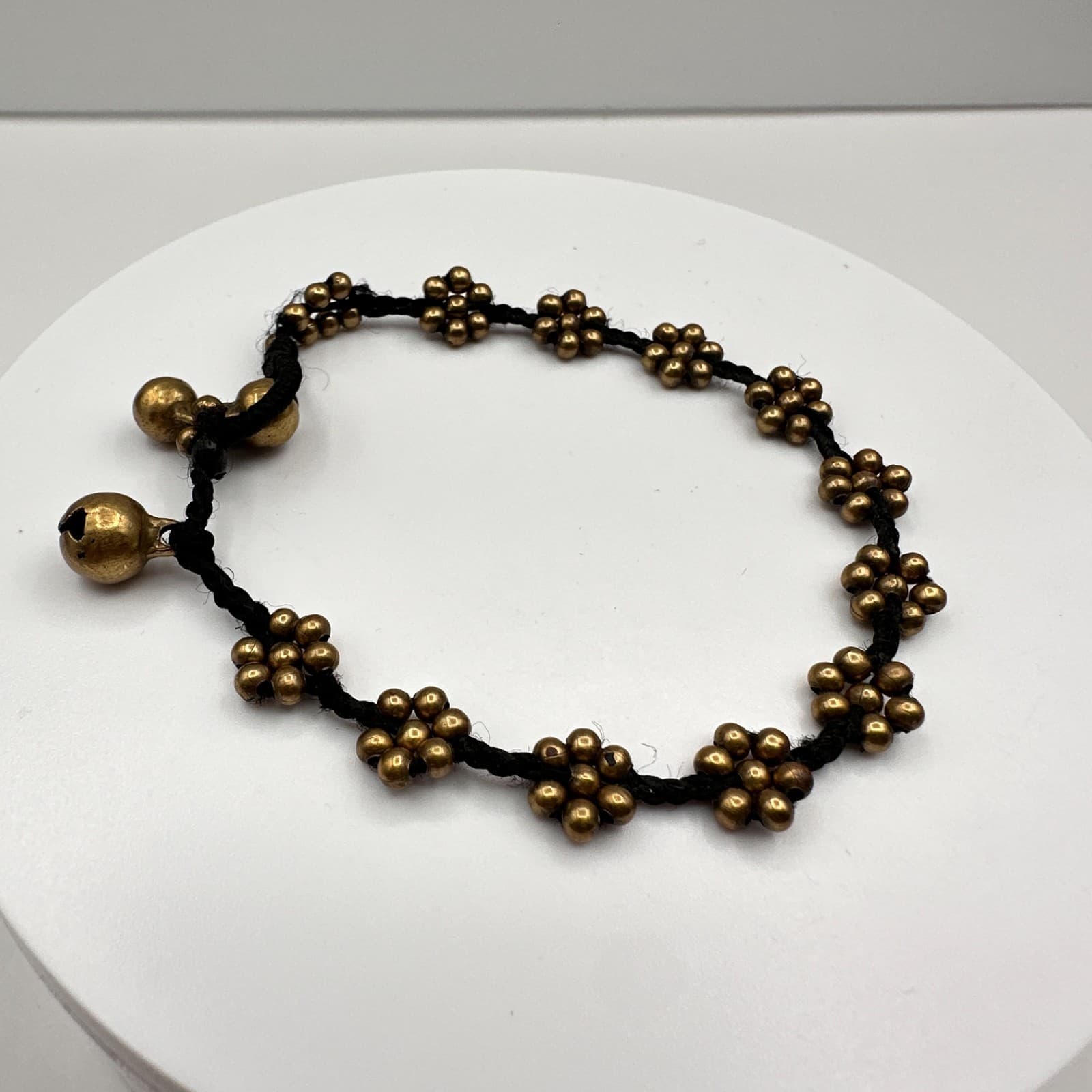 Vintage 90s Brass Flower Bead Bracelet Anklet Black Cord Boho Ghungroo Bell - Thumbnail 2