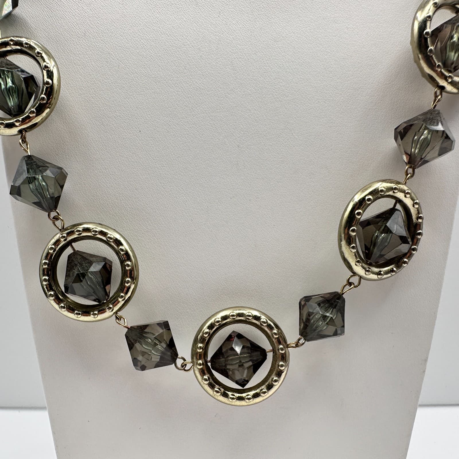 Vintage Y2K Grey Crystal Geometric Necklace Gold Tone Chunky Women's Jewelry - Thumbnail 2