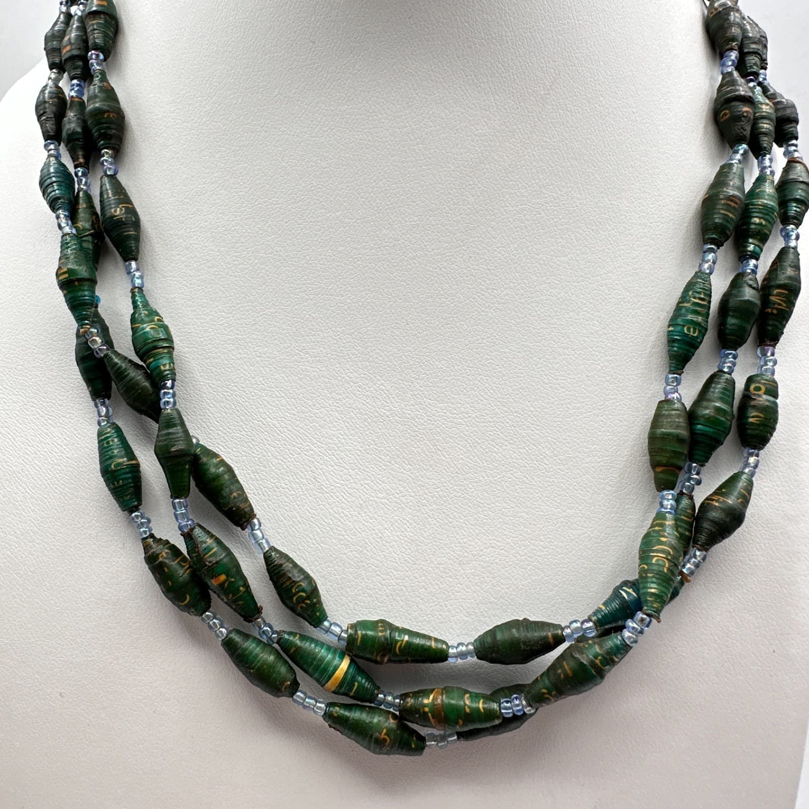 Vintage 90s Boho Multi-Strand Paper Bead Necklace Green Blue Statement Jewelry - Thumbnail 8