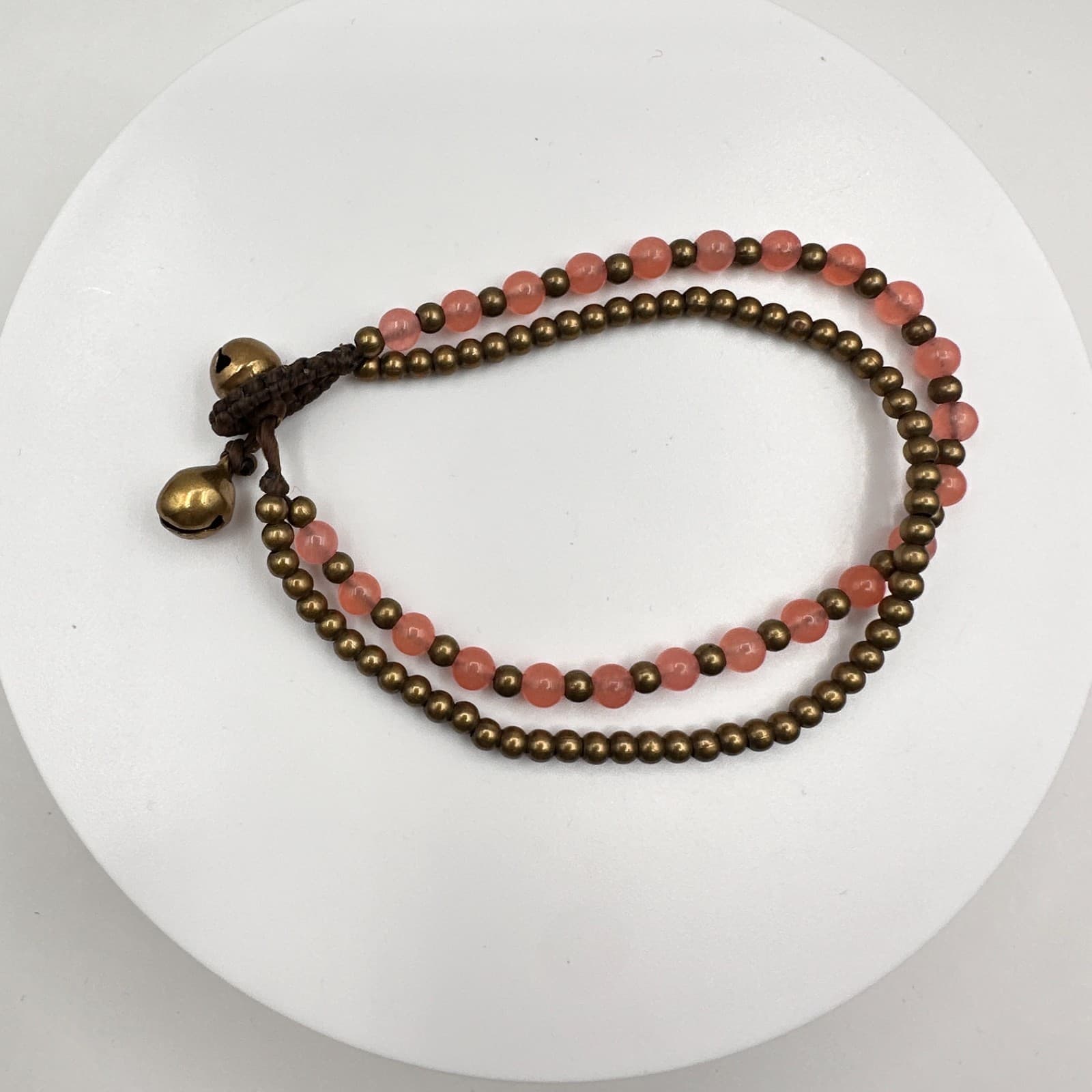 Vintage 90s Pink Quartz Stone Brass Bead Double Layer Bracelet Pendent Bells - Image 1