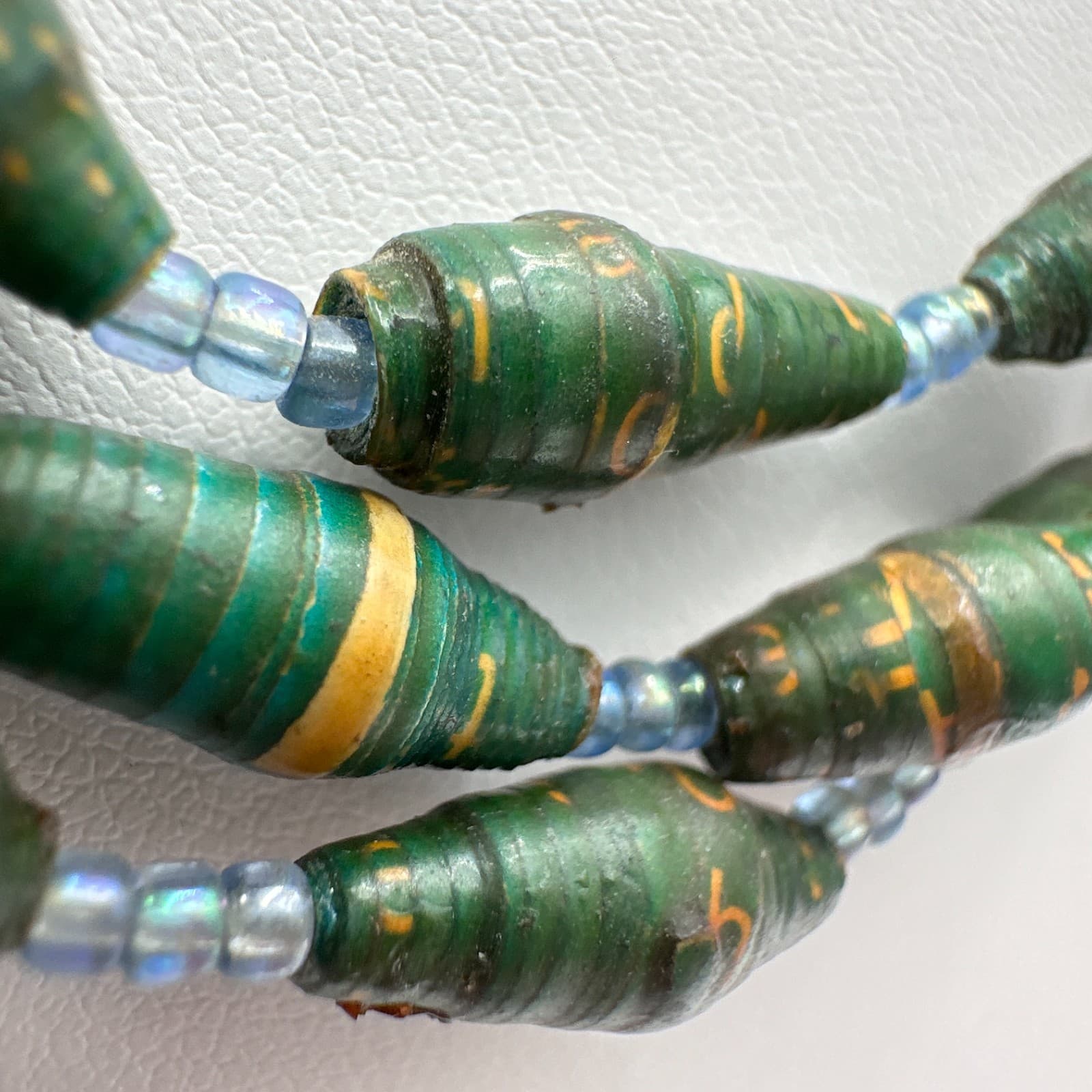 Vintage 90s Boho Multi-Strand Paper Bead Necklace Green Blue Statement Jewelry - Thumbnail 5