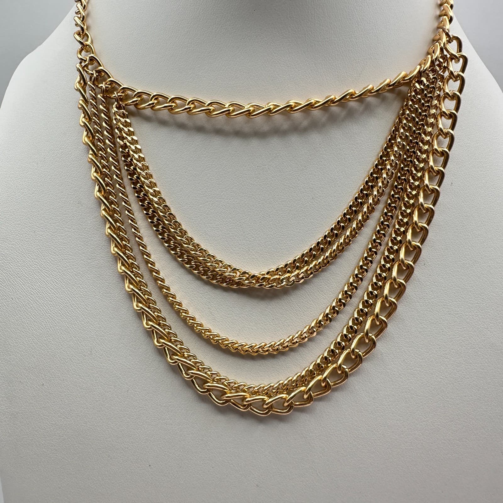 Vintage 90s Gold Tone Multi Layered Chain Necklace Chunky Statement Boho Jewelry - Thumbnail 5