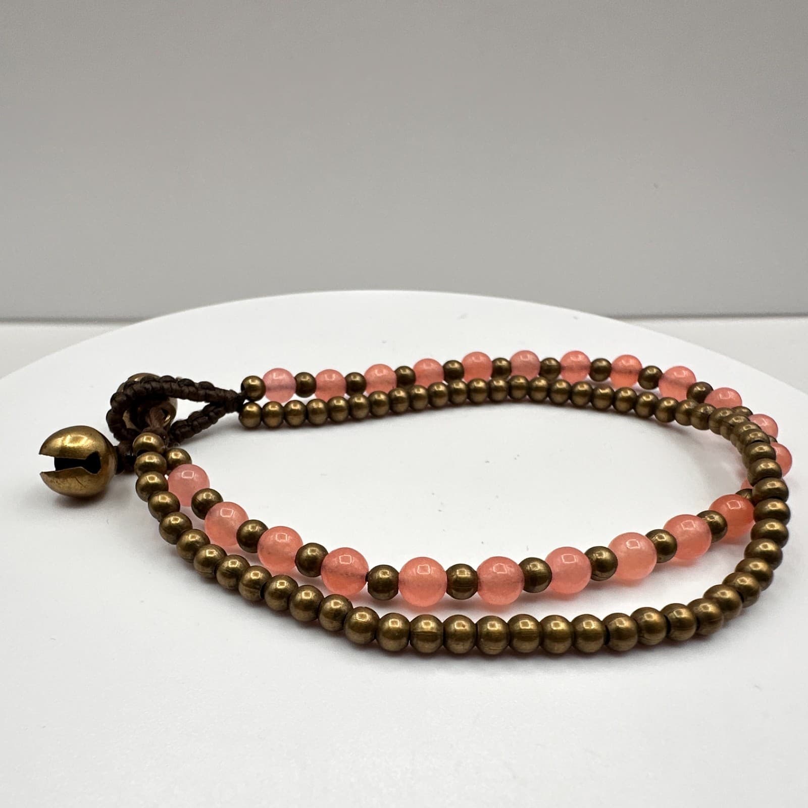 Vintage 90s Pink Quartz Stone Brass Bead Double Layer Bracelet Pendent Bells - Thumbnail 2
