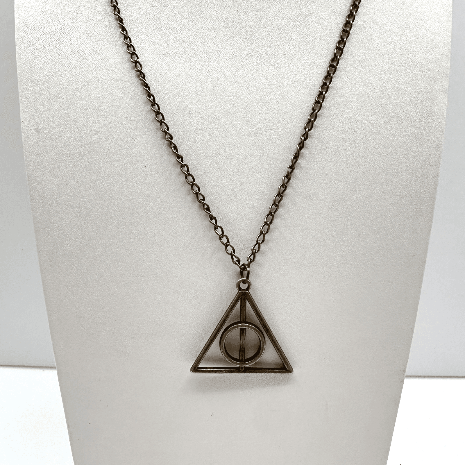 Vintage 90s Harry Potter Deathly Hallows Pendant Necklace Bronze Tone Jewelry - Image 1