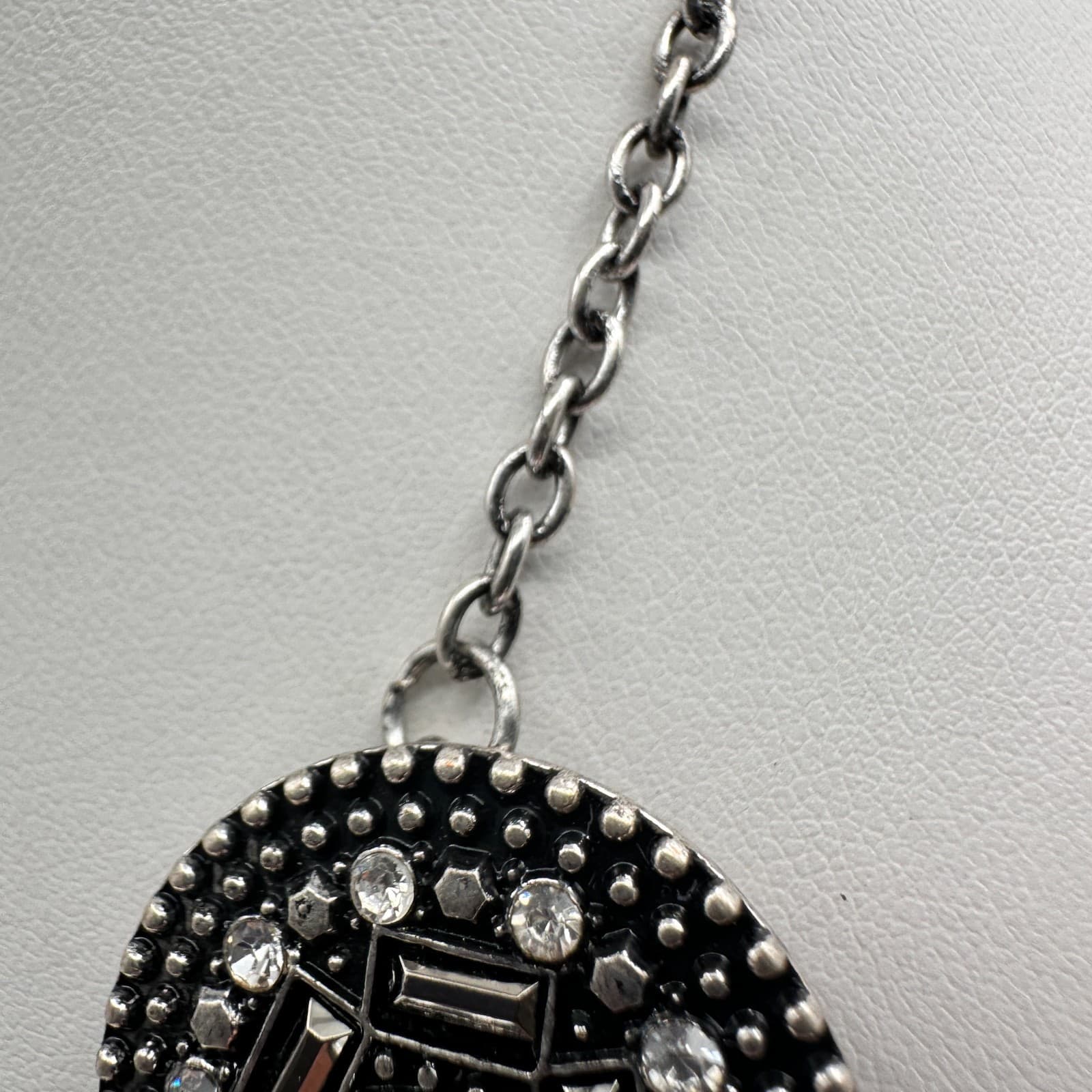 Vintage Y2K Silver Tone Geometric Medallion Statement Necklace Rhinestone Boho - Thumbnail 8