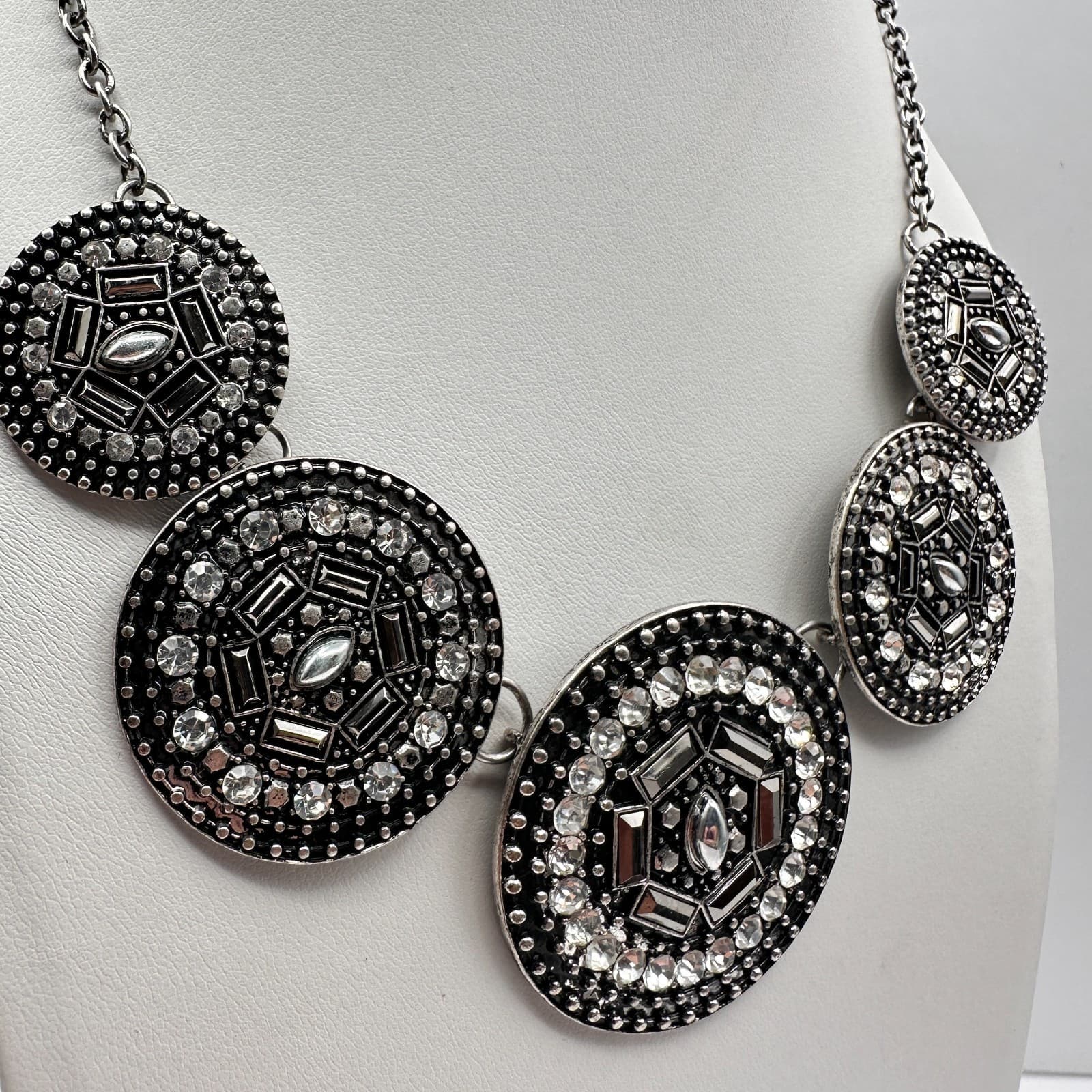 Vintage Y2K Silver Tone Geometric Medallion Statement Necklace Rhinestone Boho - Thumbnail 5