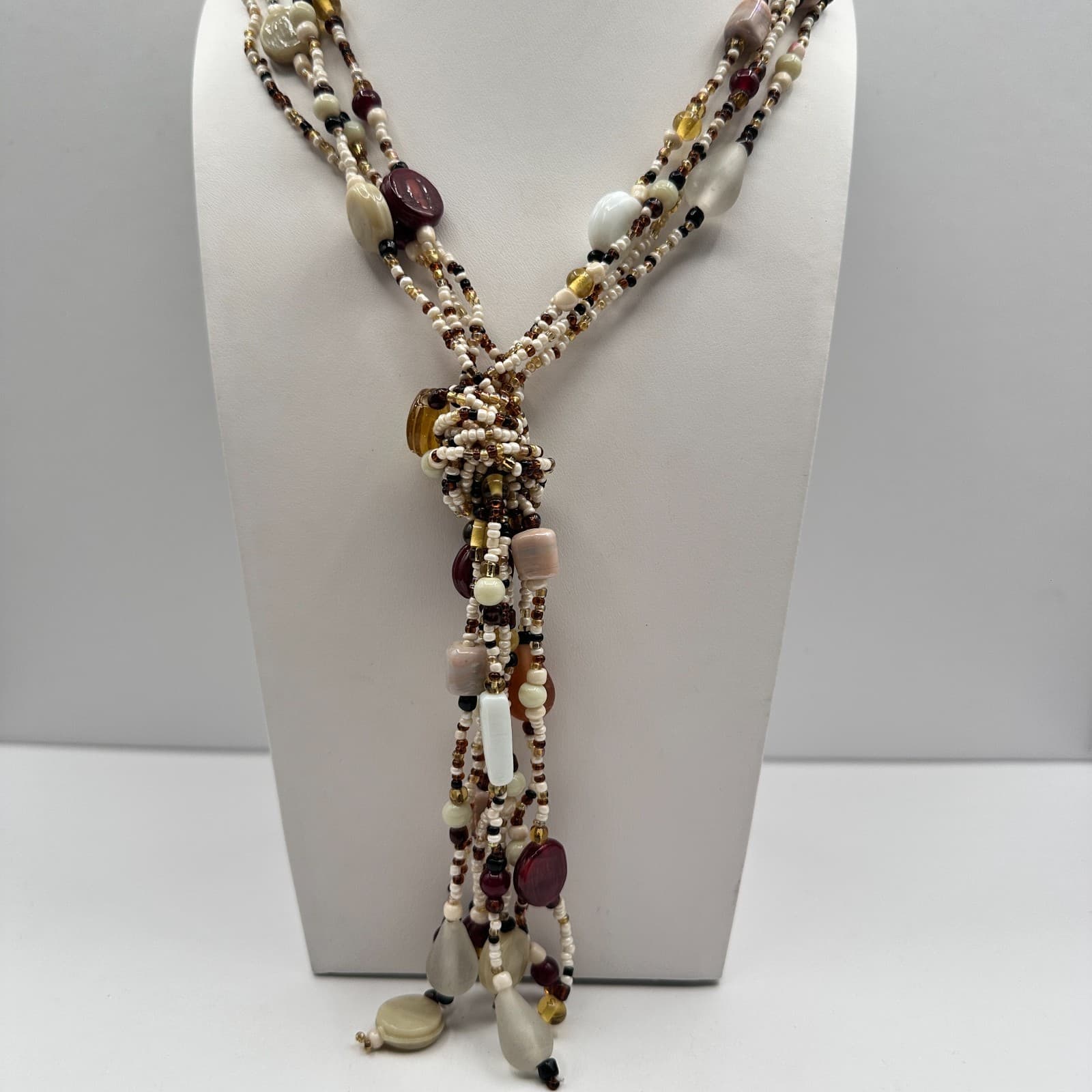 Vintage 90s Multi-Strand Beaded Dangling Tassels Necklace Boho Women's Jewelry - Thumbnail 9