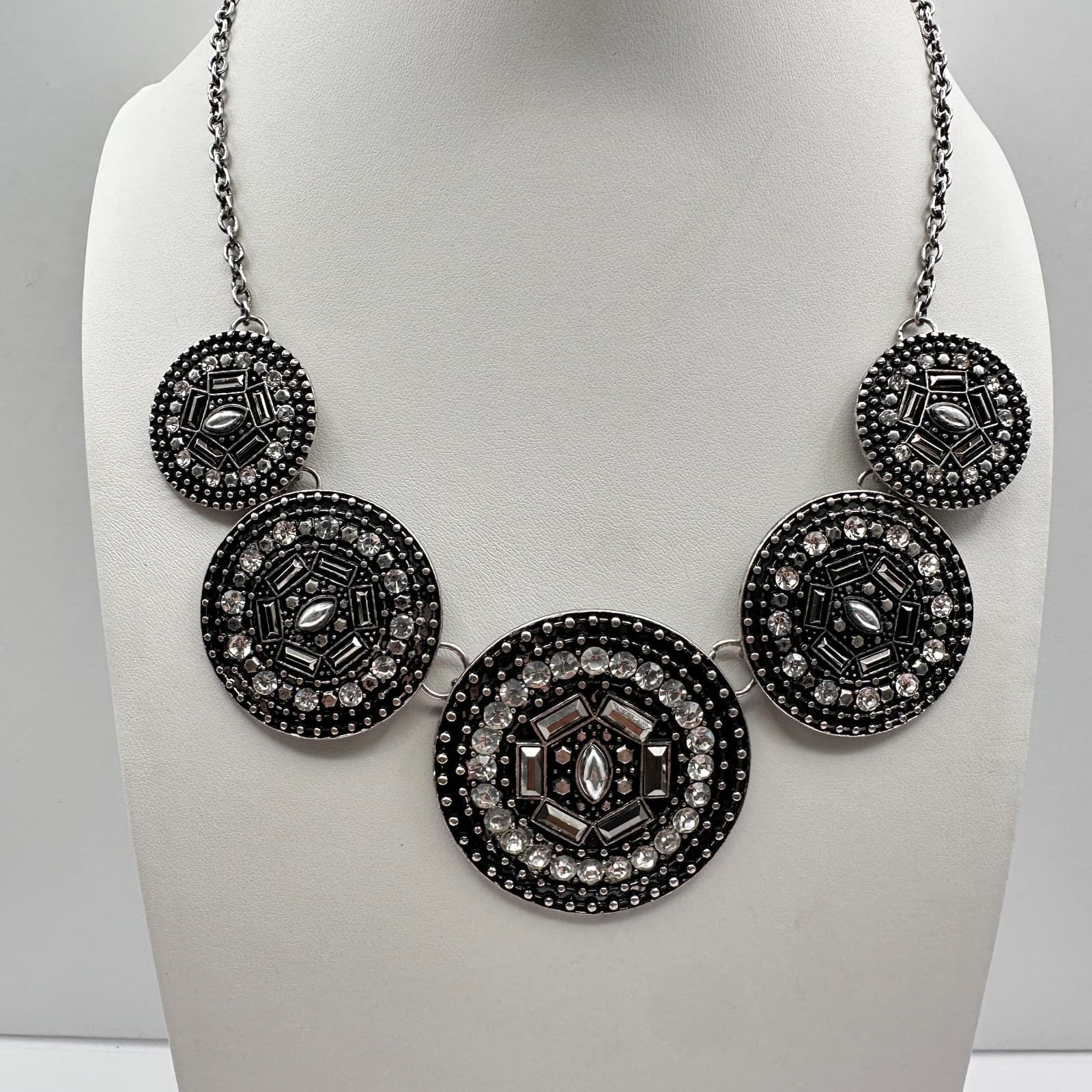 Vintage Y2K Silver Tone Geometric Medallion Statement Necklace Rhinestone Boho - Thumbnail 2