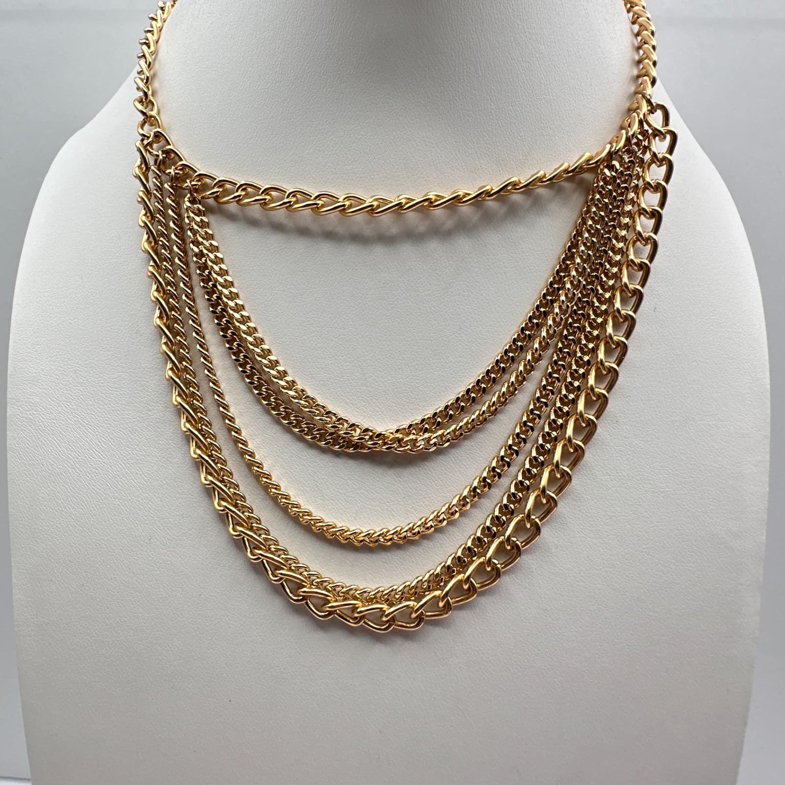 Vintage 90s Gold Tone Multi Layered Chain Necklace Chunky Statement Boho Jewelry - Image 1