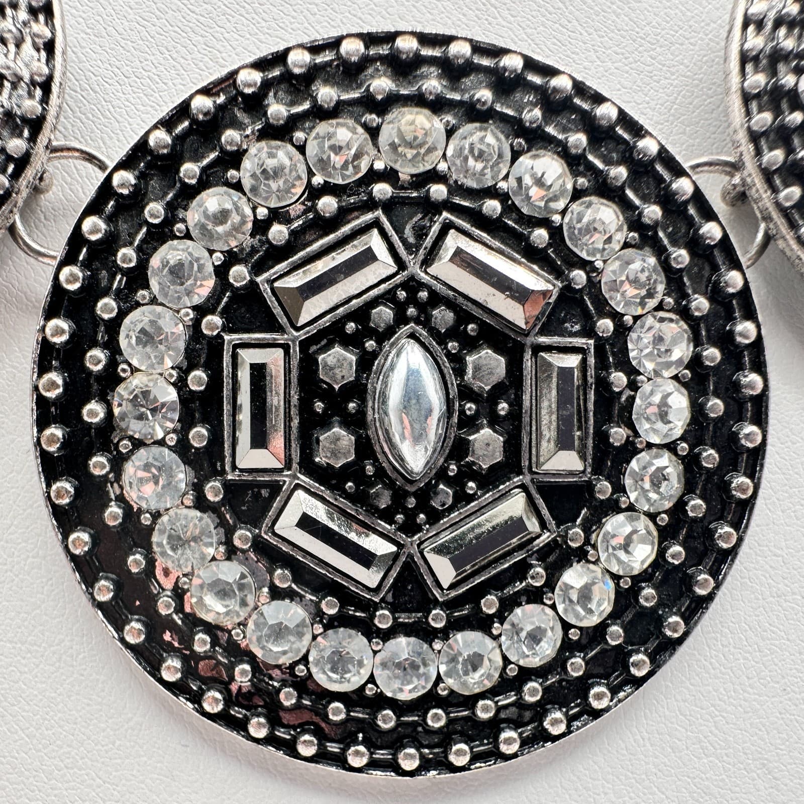 Vintage Y2K Silver Tone Geometric Medallion Statement Necklace Rhinestone Boho - Thumbnail 3