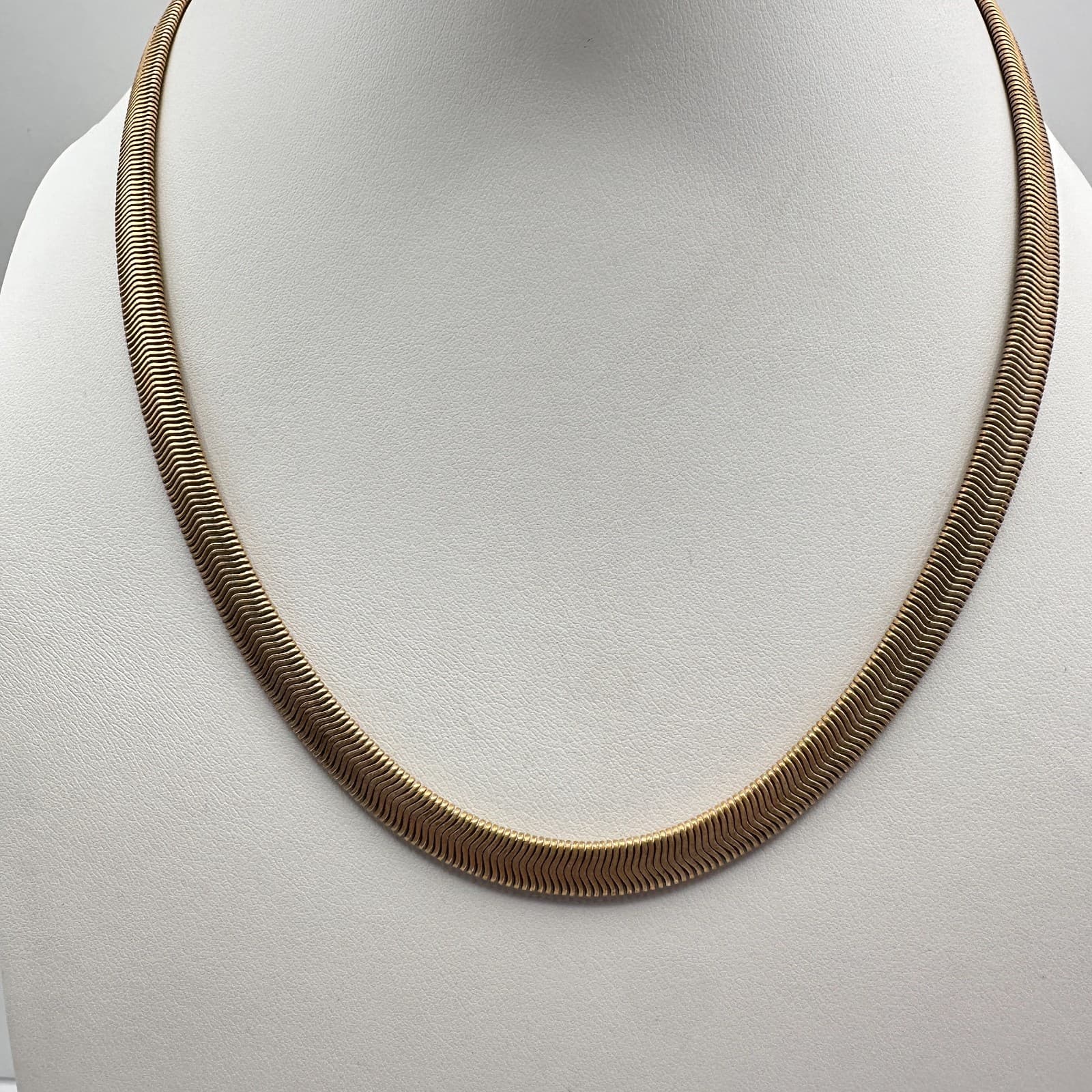 Vintage 90s Gold Tone Herringbone Cobra Link Necklace Flat Wavy Snake Chain - Image 1