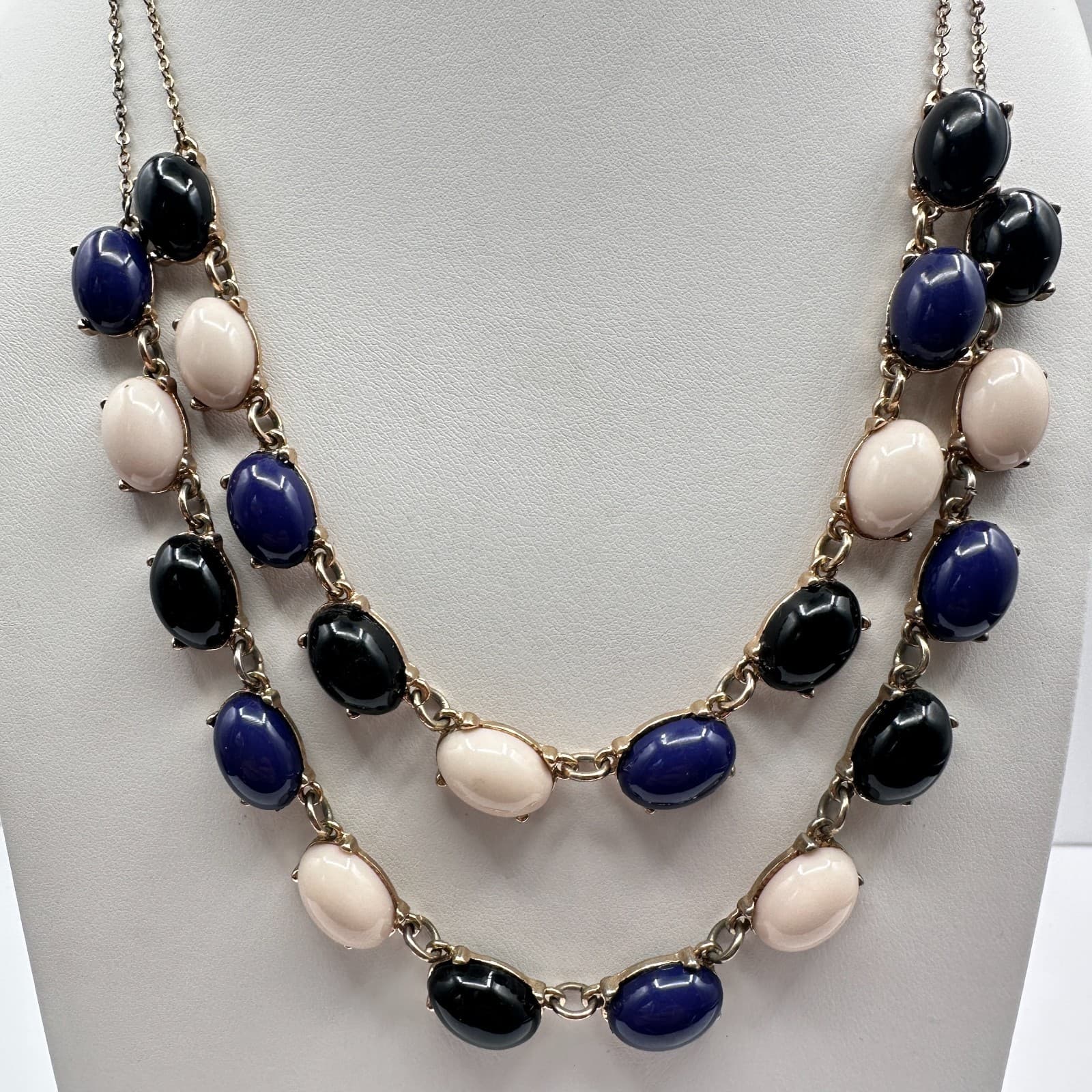 Vintage 90s Double Stand Gold Tone Cabochon Stone Necklace Retro Women's Jewelry - Thumbnail 5