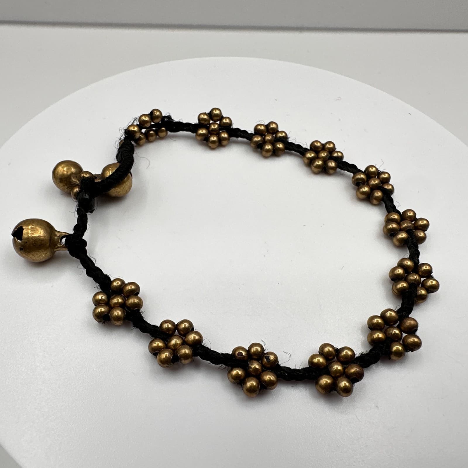 Vintage 90s Brass Flower Bead Bracelet Anklet Black Cord Boho Ghungroo Bell - Thumbnail 8
