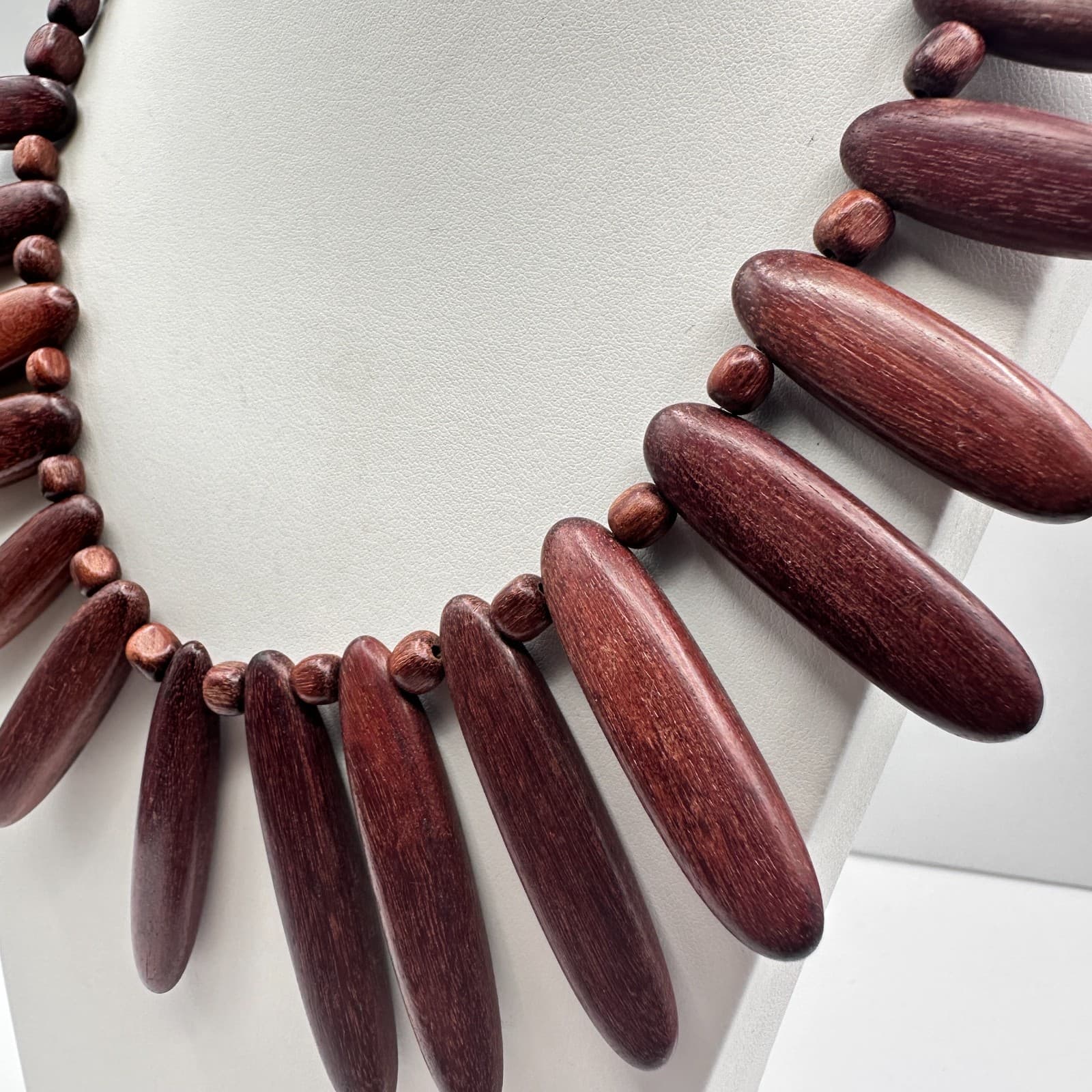 Vintage 90s Wood Spike Necklace Brown Beaded Boho Tribal Fringe Necklace Jewelry - Thumbnail 6