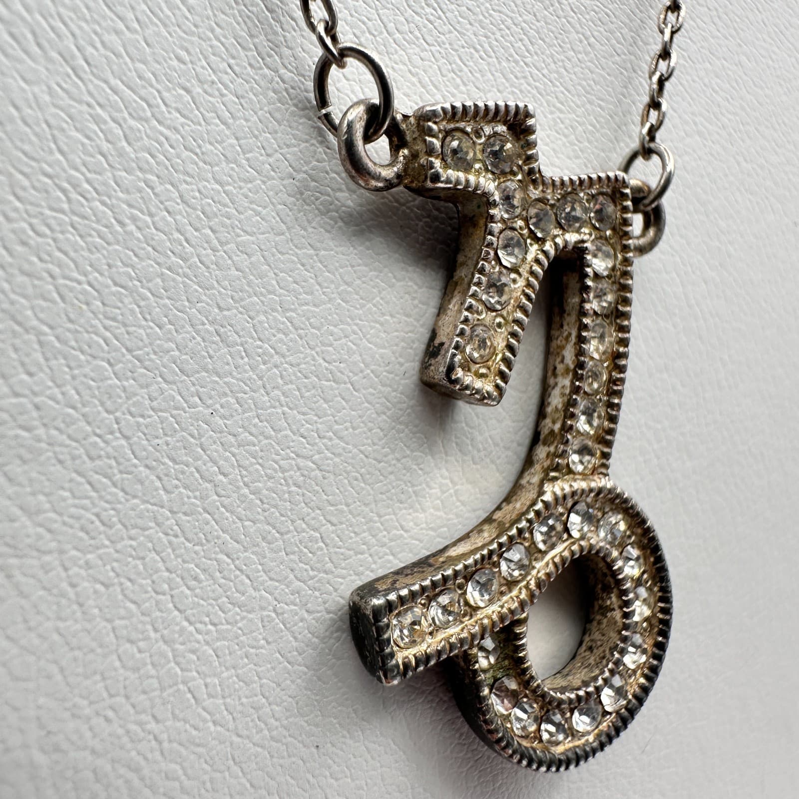 Vintage 90s Capricorn Zodiac Pendant Necklace Silver Tone Clear Rhinestones Boho - Thumbnail 5