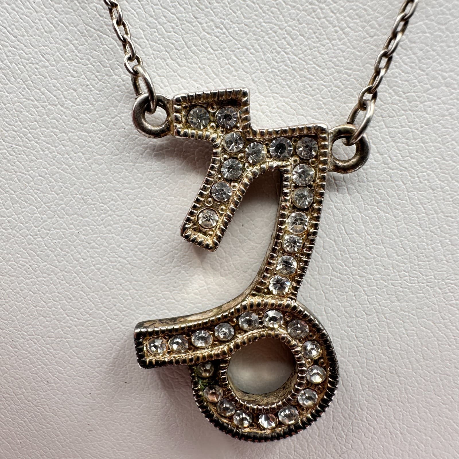 Vintage 90s Capricorn Zodiac Pendant Necklace Silver Tone Clear Rhinestones Boho - Thumbnail 4