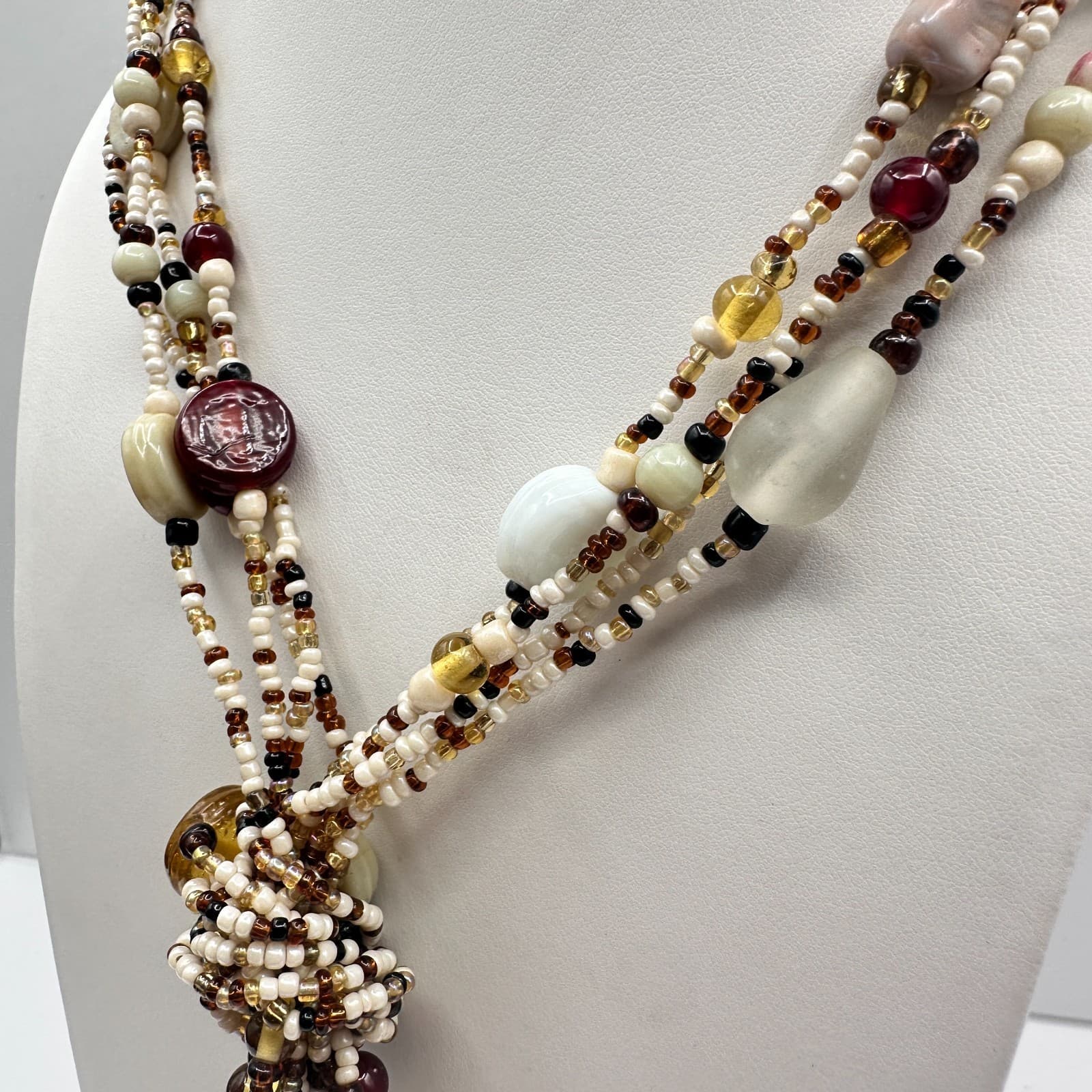 Vintage 90s Multi-Strand Beaded Dangling Tassels Necklace Boho Women's Jewelry - Thumbnail 8