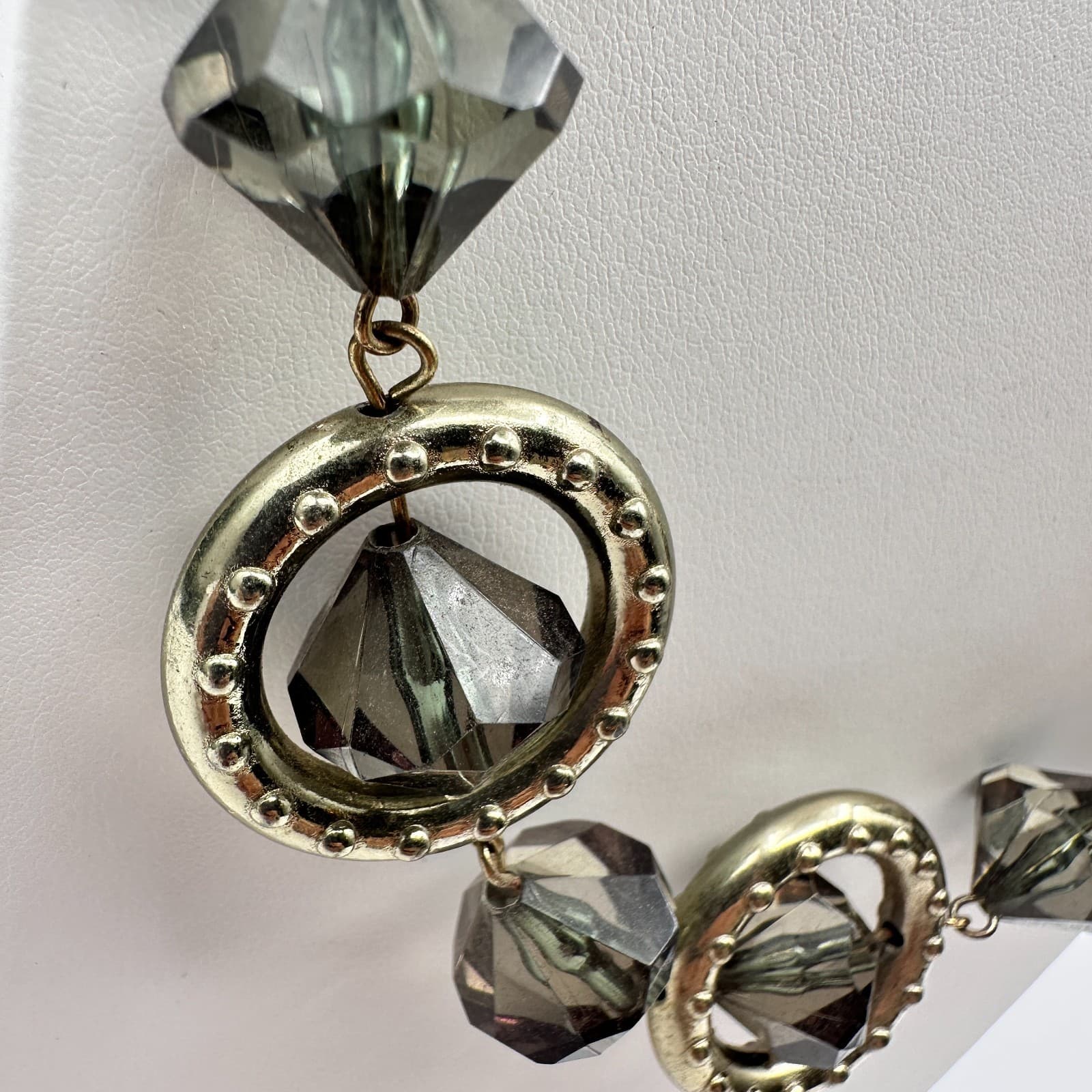 Vintage Y2K Grey Crystal Geometric Necklace Gold Tone Chunky Women's Jewelry - Thumbnail 3