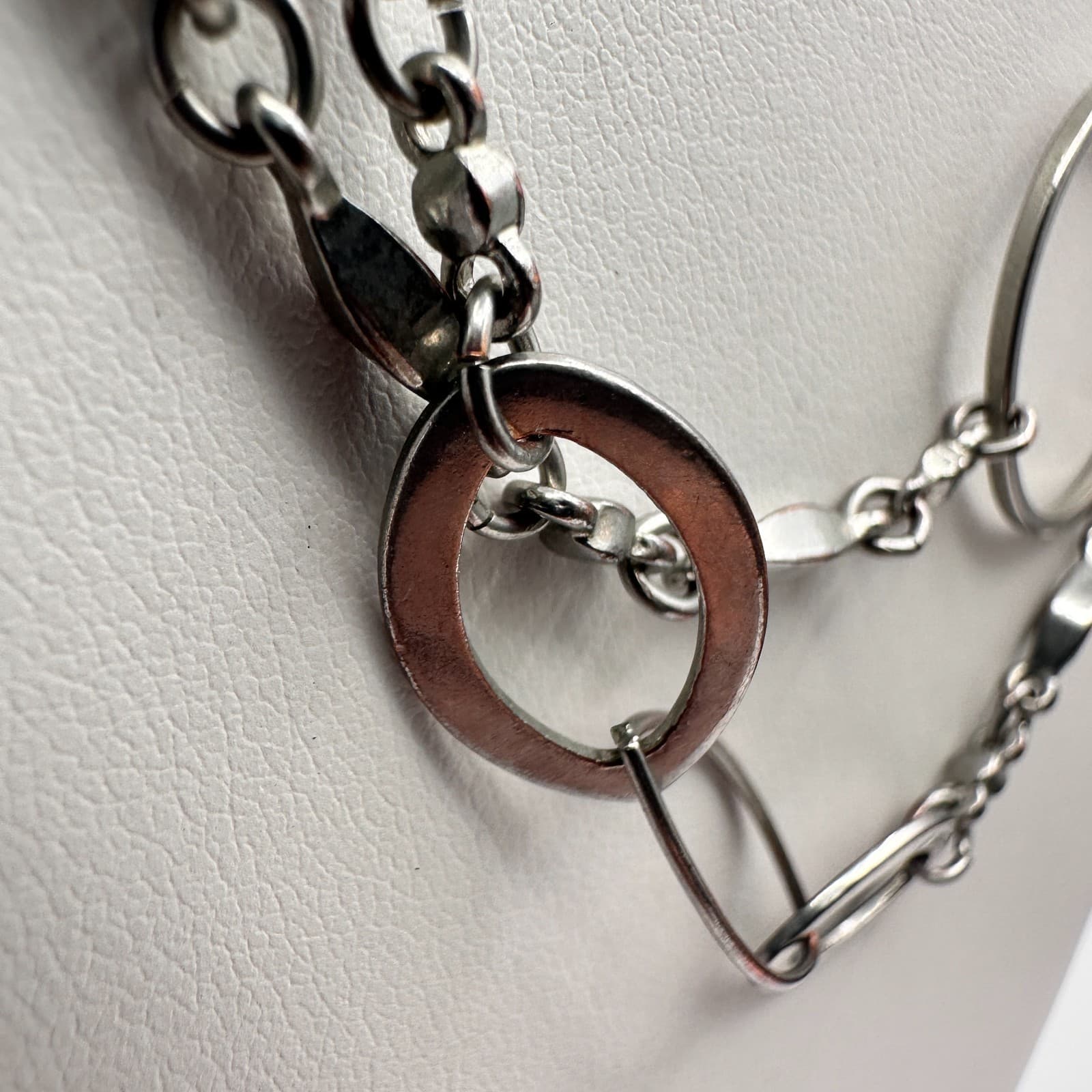 Vintage Y2K Silver Tone Multi Stand Link Necklace Geometric Circle Oval Chain - Thumbnail 5