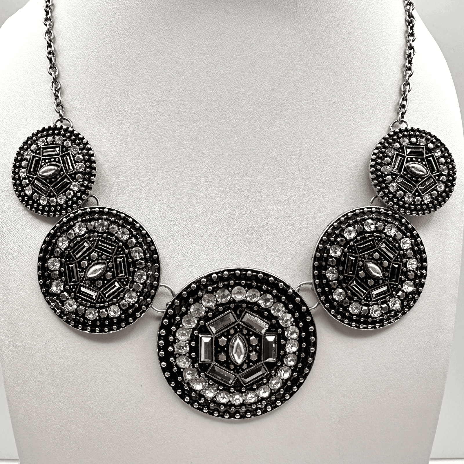 Vintage Y2K Silver Tone Geometric Medallion Statement Necklace Rhinestone Boho - Image 1