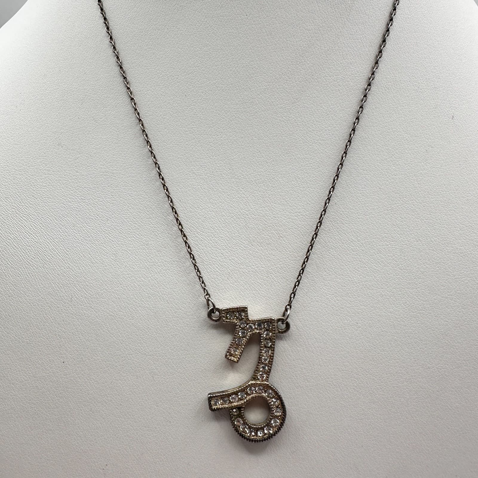 Vintage 90s Capricorn Zodiac Pendant Necklace Silver Tone Clear Rhinestones Boho - Thumbnail 2