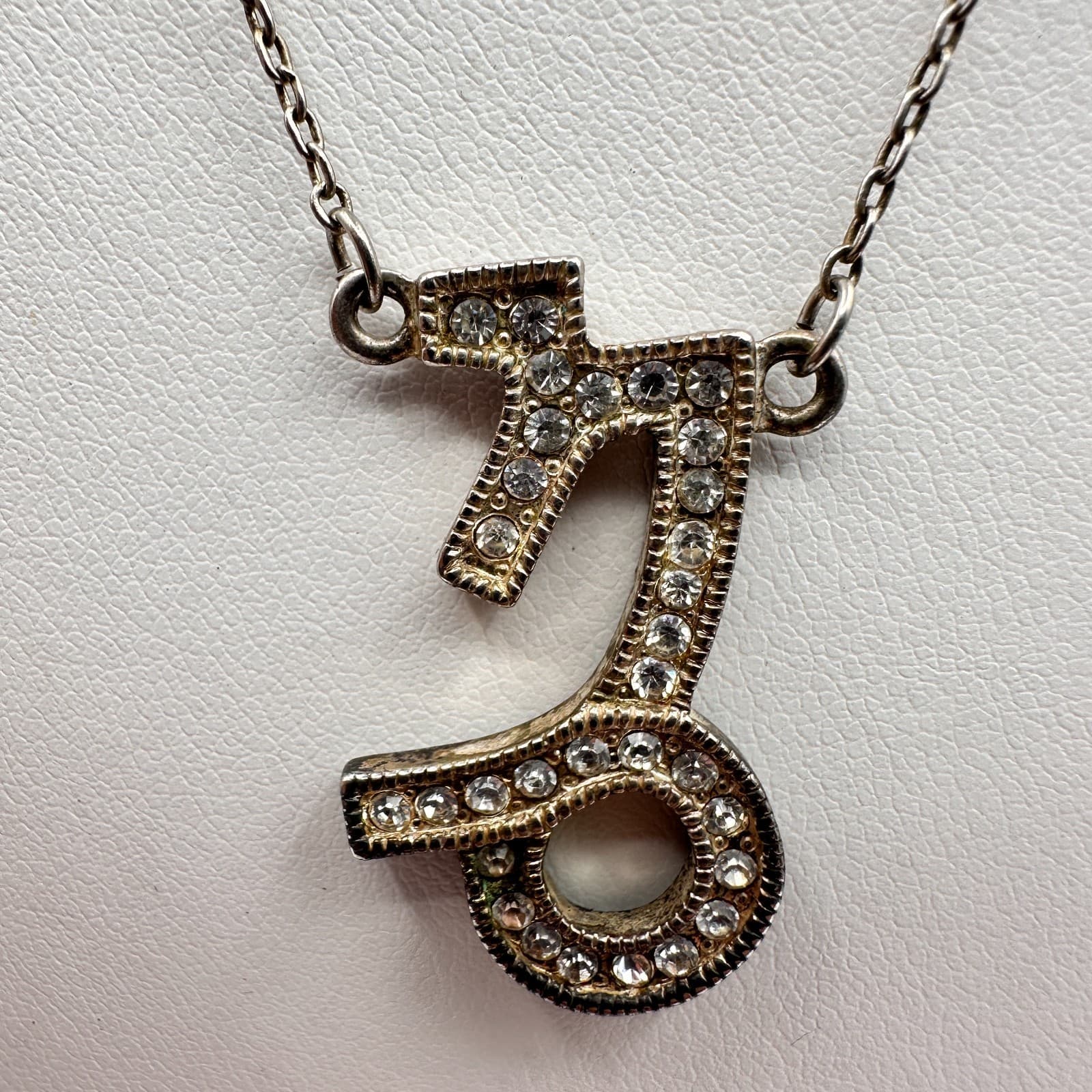 Vintage 90s Capricorn Zodiac Pendant Necklace Silver Tone Clear Rhinestones Boho - Thumbnail 3
