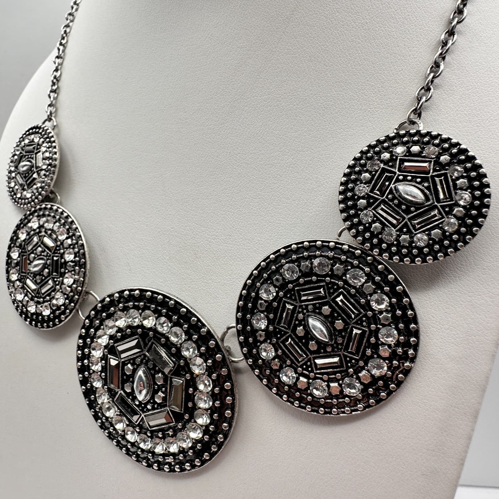 Vintage Y2K Silver Tone Geometric Medallion Statement Necklace Rhinestone Boho - Thumbnail 6