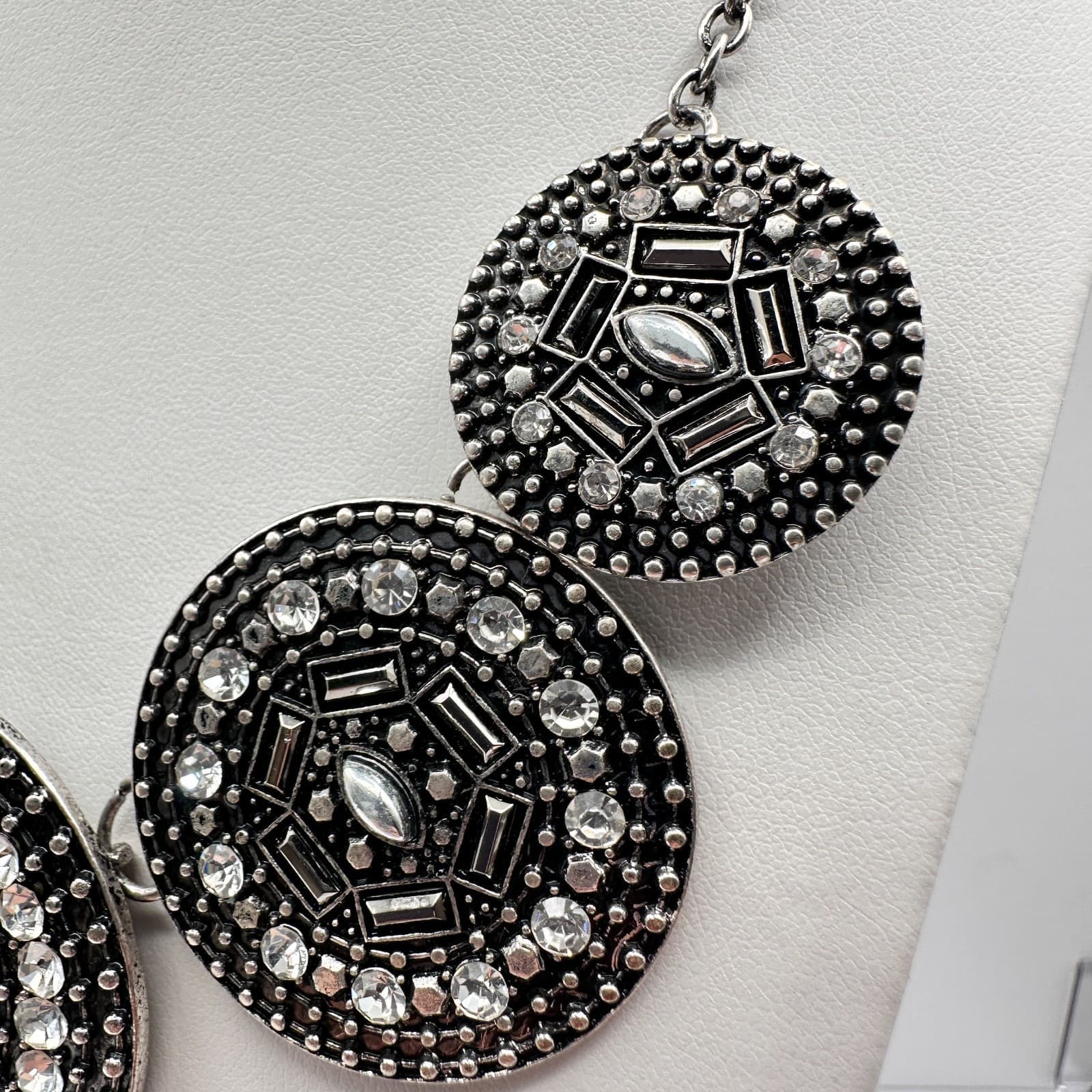 Vintage Y2K Silver Tone Geometric Medallion Statement Necklace Rhinestone Boho - Thumbnail 7