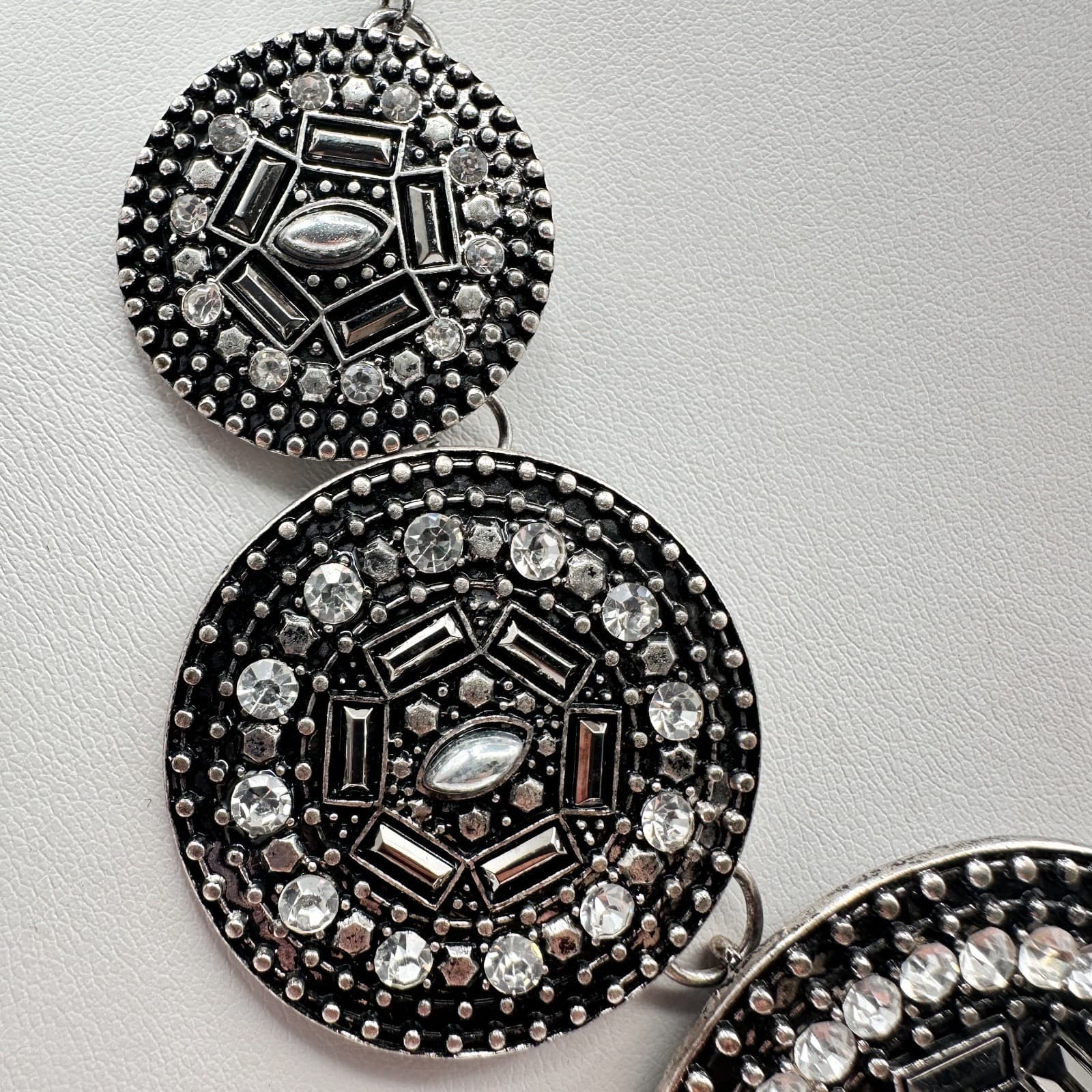 Vintage Y2K Silver Tone Geometric Medallion Statement Necklace Rhinestone Boho - Thumbnail 4