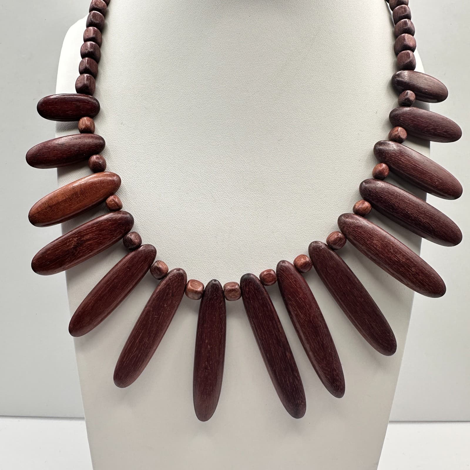 Vintage 90s Wood Spike Necklace Brown Beaded Boho Tribal Fringe Necklace Jewelry - Thumbnail 8