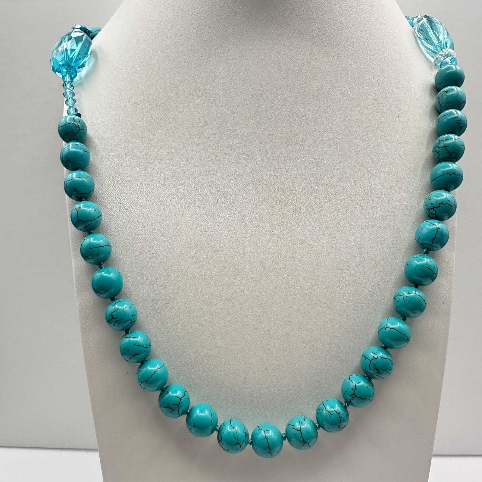 Vintage 90s Turquoise Howlite Beaded Necklace Blue Crystal Statement Jewelry - Image 1