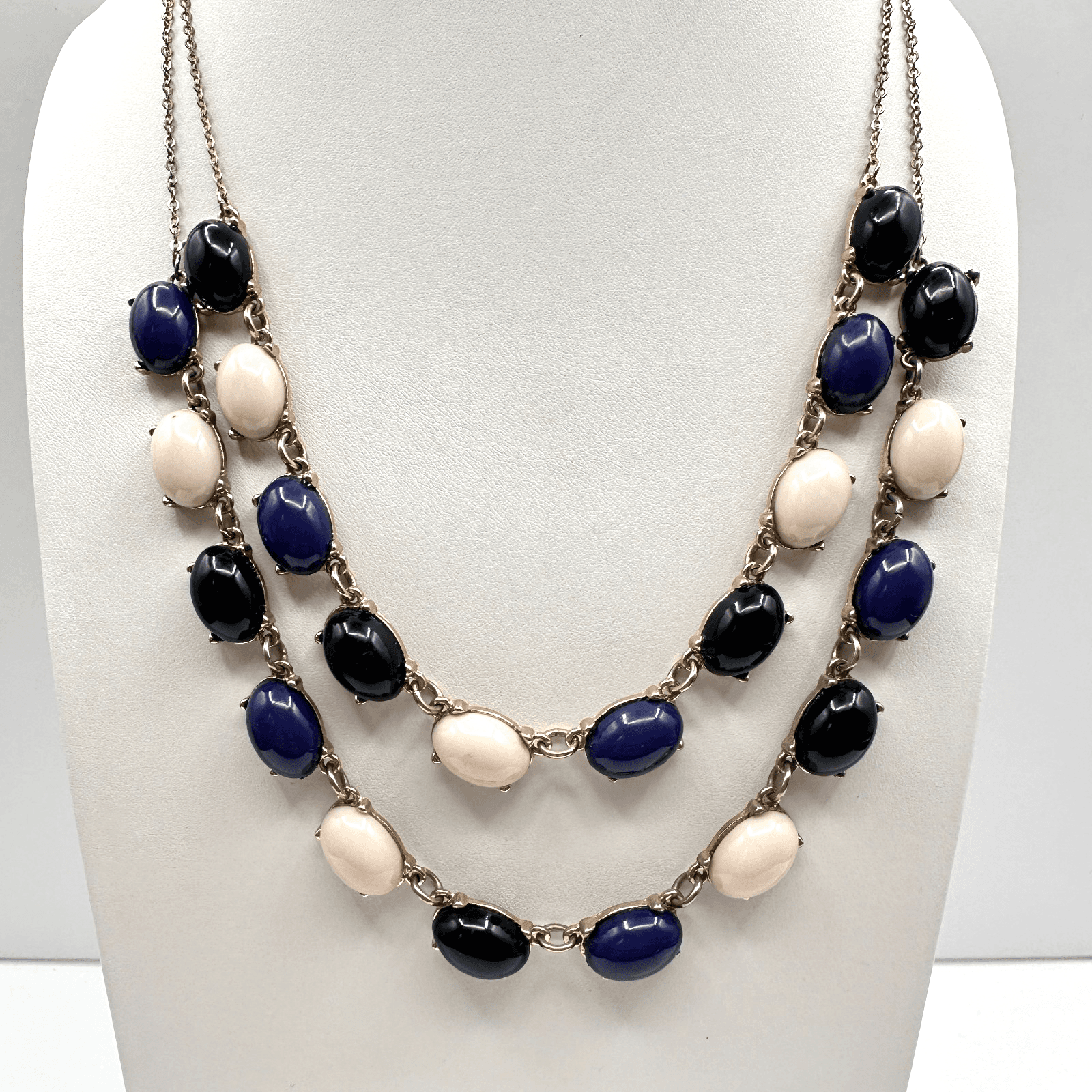 Vintage 90s Double Stand Gold Tone Cabochon Stone Necklace Retro Women's Jewelry - Image 1