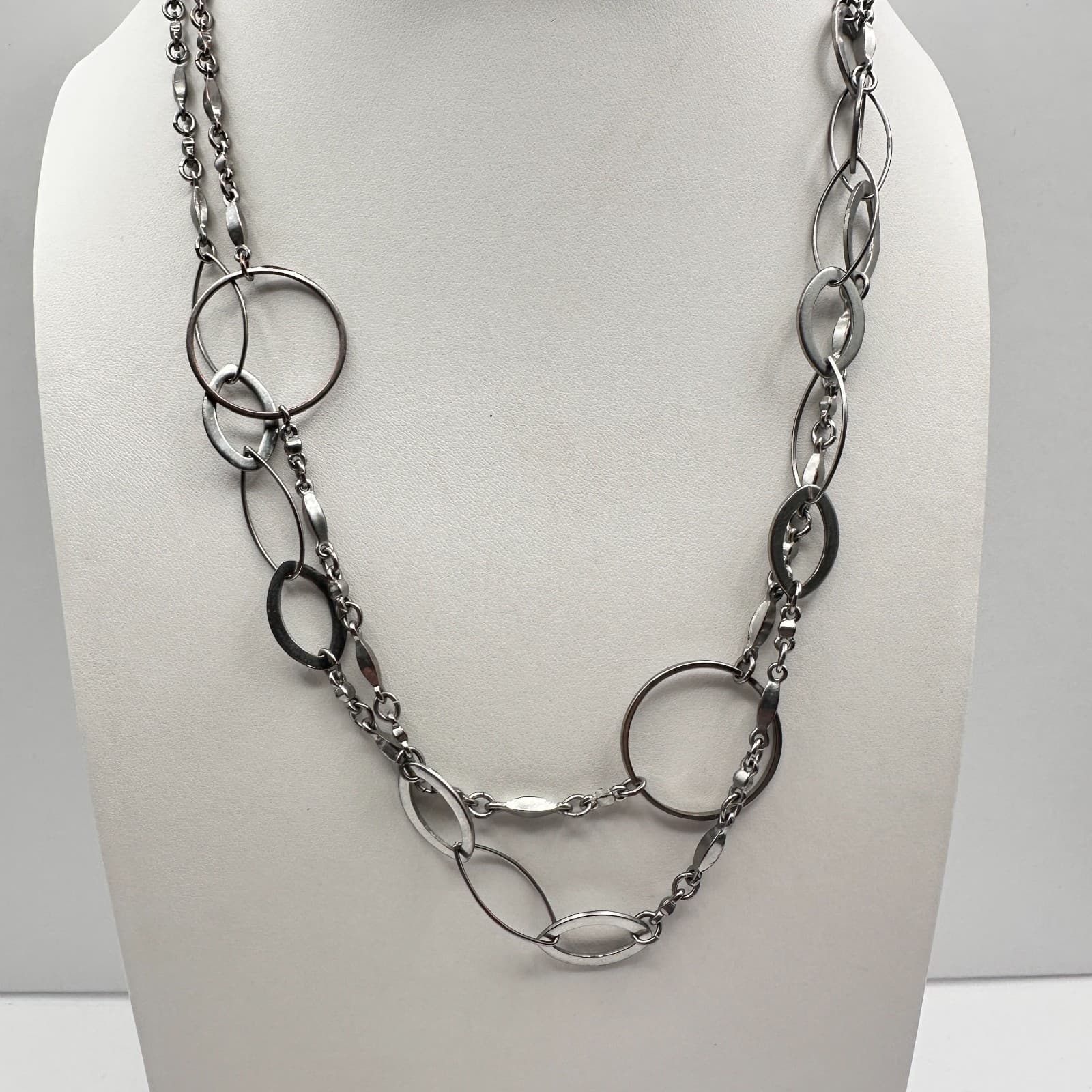 Vintage Y2K Silver Tone Multi Stand Link Necklace Geometric Circle Oval Chain - Thumbnail 2