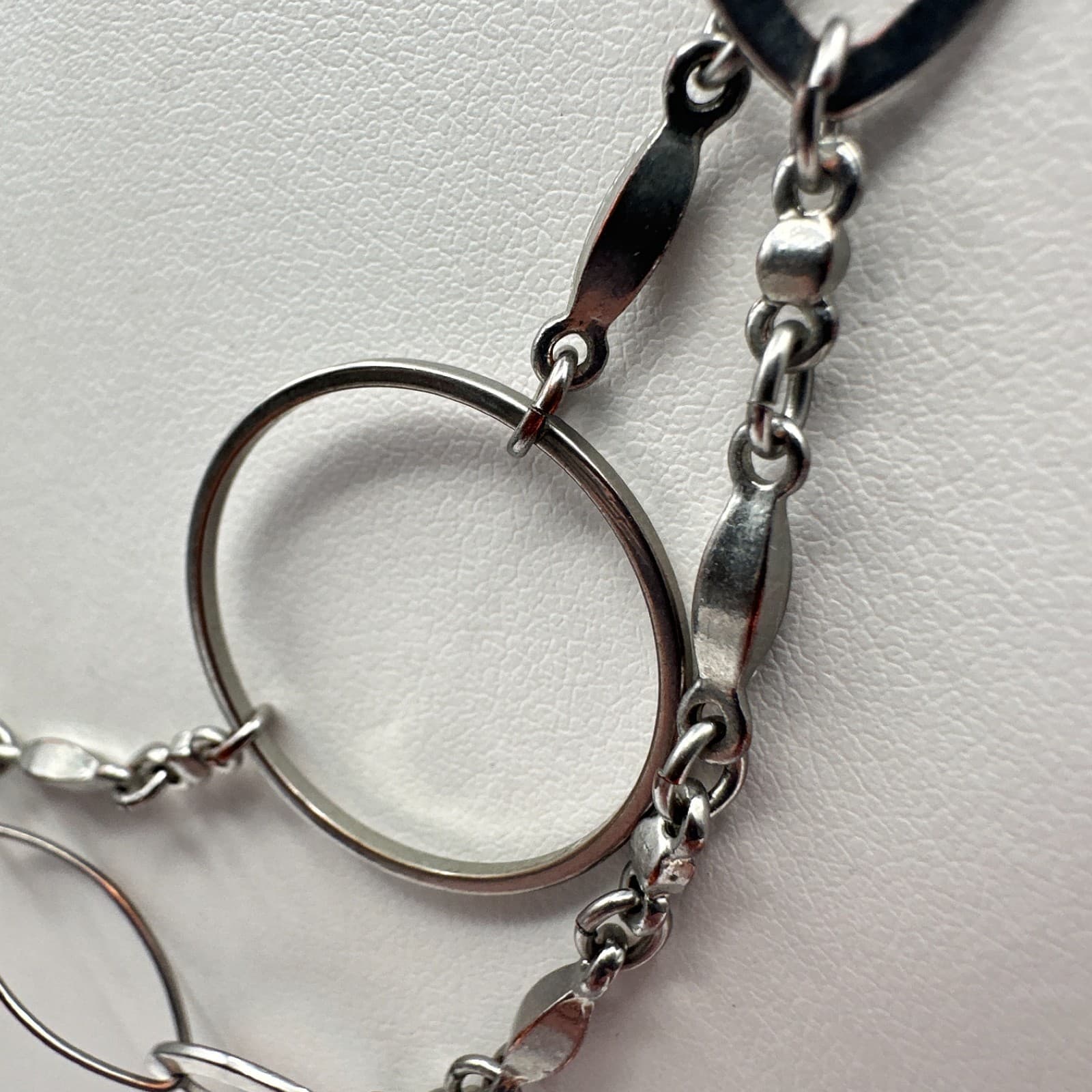 Vintage Y2K Silver Tone Multi Stand Link Necklace Geometric Circle Oval Chain - Thumbnail 6