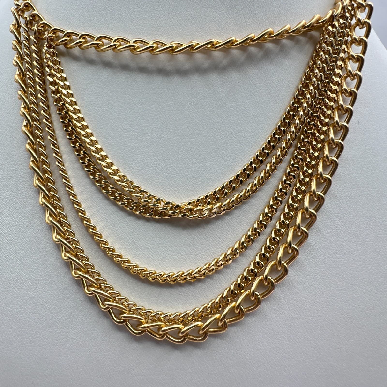 Vintage 90s Gold Tone Multi Layered Chain Necklace Chunky Statement Boho Jewelry - Thumbnail 2
